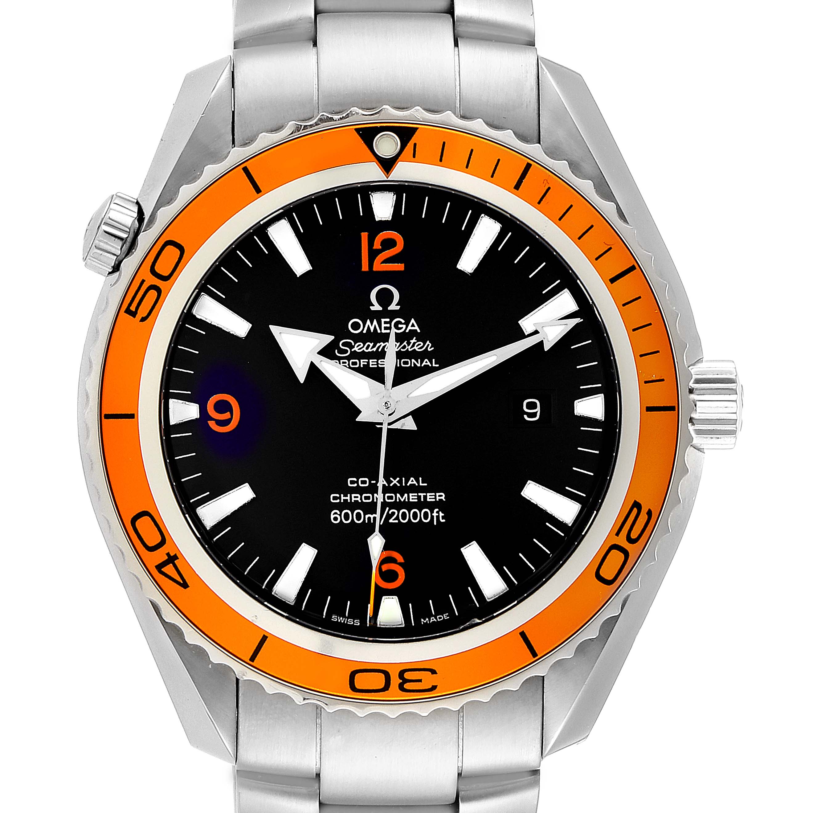 The Omega Planet Ocean 232.30.46.21.01.002 Men's Stainless Steel Black Dial 232.30.46.21.01.002 Men's Stainless Steel Black Dial watch is shown from the front, highlighting the face, bezel, and part of the bracelet.
