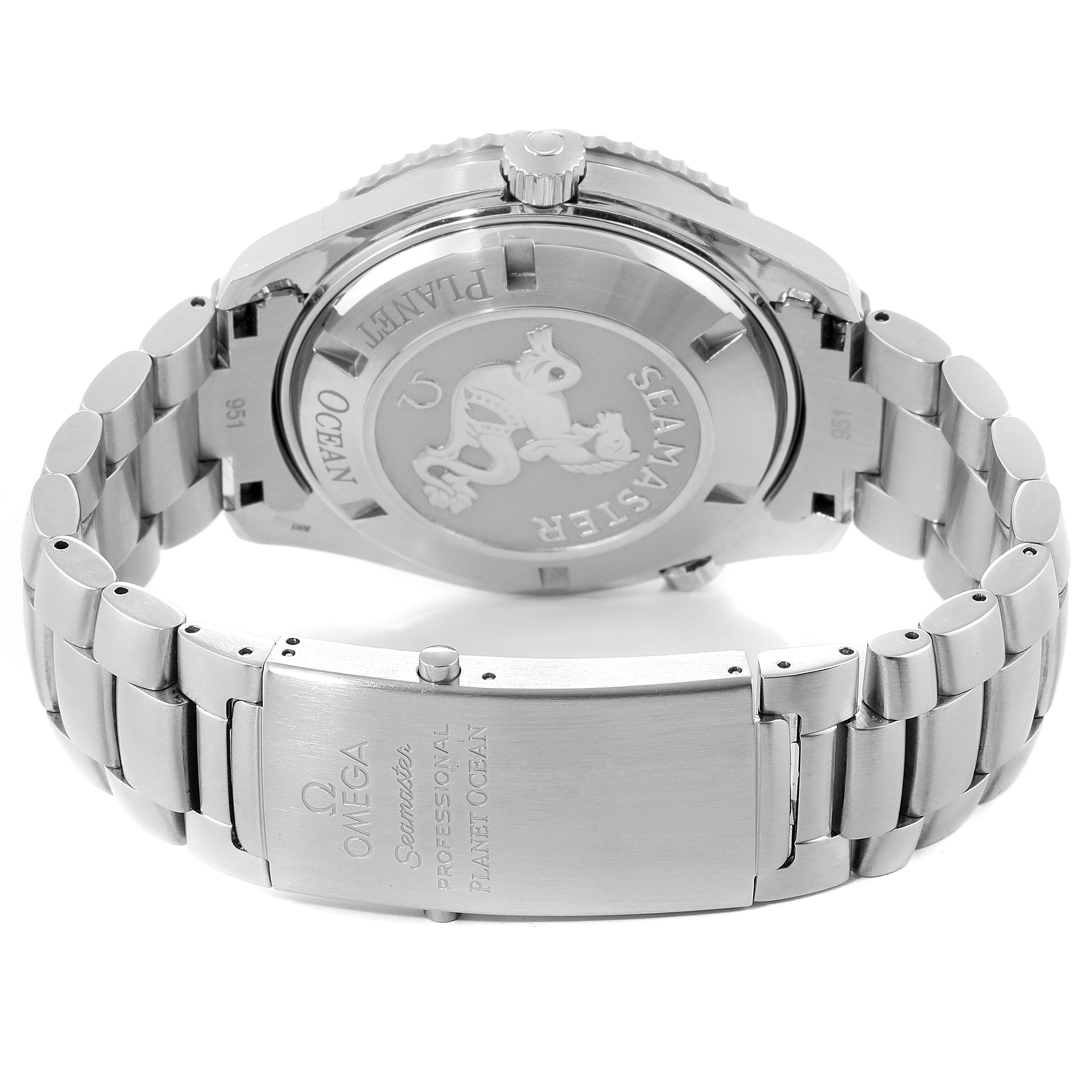 The image shows the back and clasp of the Omega Planet Ocean 232.30.46.21.01.002 Men's Stainless Steel Black Dial 232.30.46.21.01.002 Men's Stainless Steel Black Dial watch, highlighting the bracelet and engraved case back.