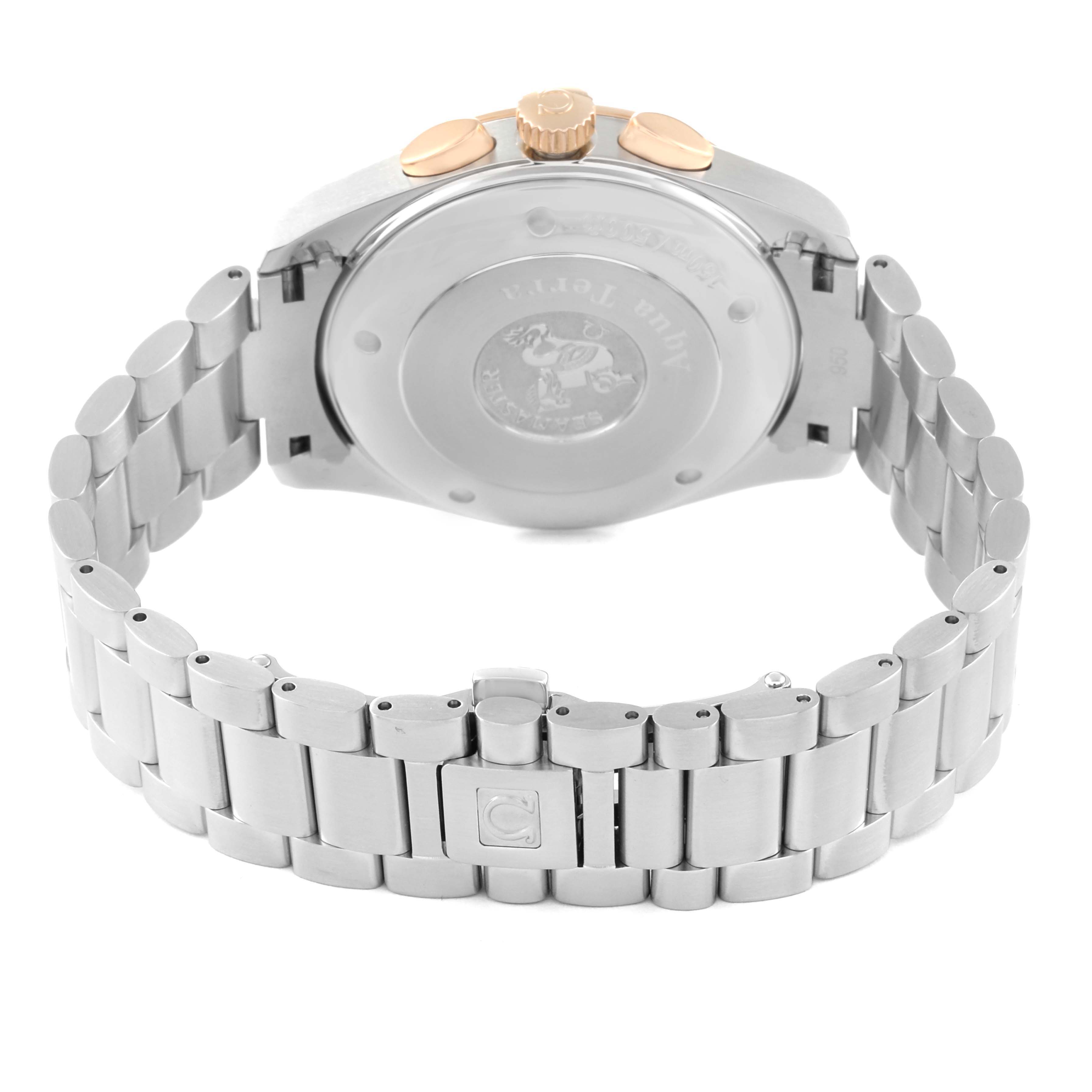 This image shows the back case and stainless steel bracelet of an Omega Aqua Terra 221.20.42.40.01.002 Men's Steel and Gold (two tone) Black Dial 221.20.42.40.01.002 Men's Steel and Gold (two tone) Black Dial watch.