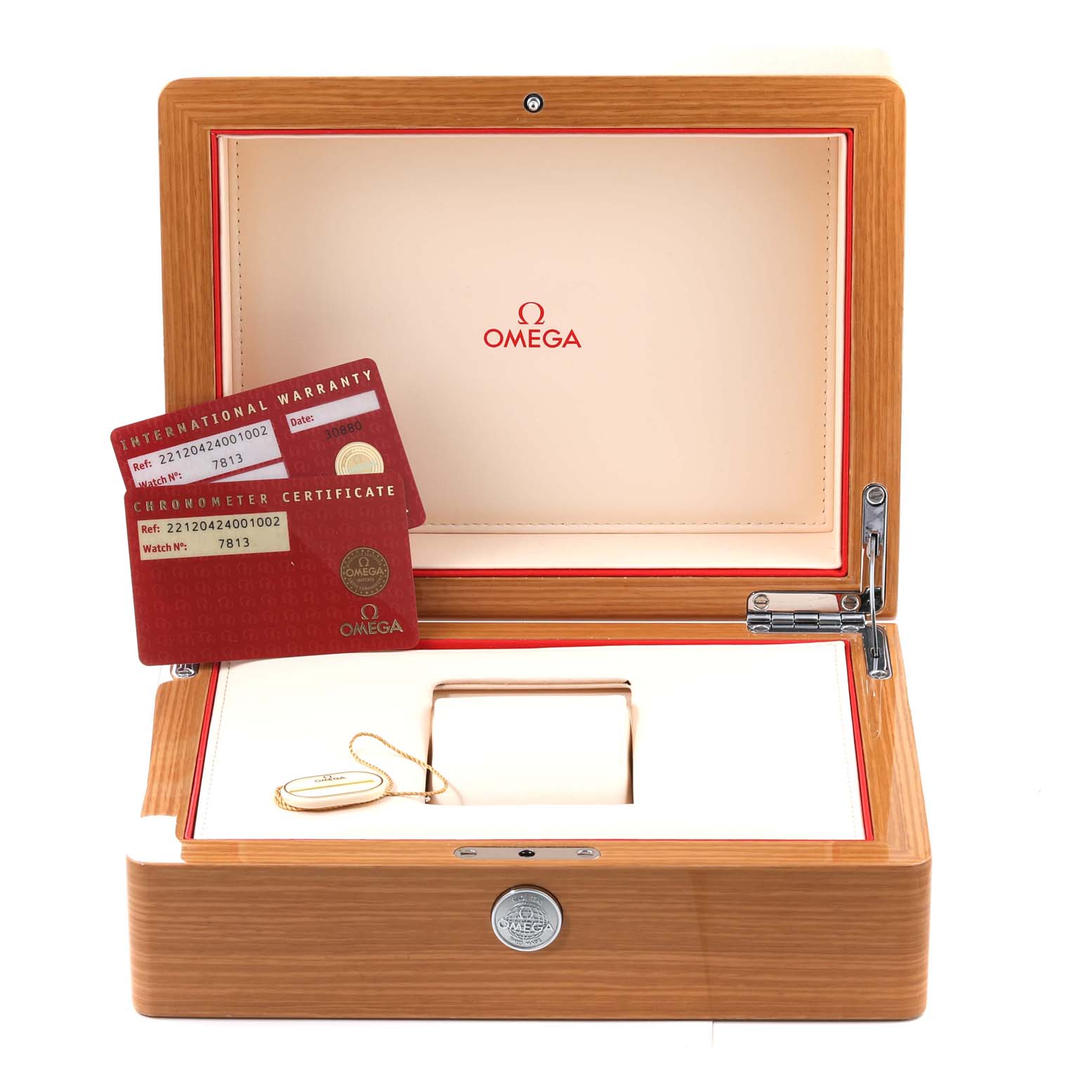 The image shows the Omega Aqua Terra 221.20.42.40.01.002 Men's Steel and Gold (two tone) Black Dial 221.20.42.40.01.002 Men's Steel and Gold (two tone) Black Dial watch's open box alongside its warranty and chronometer certificate cards.