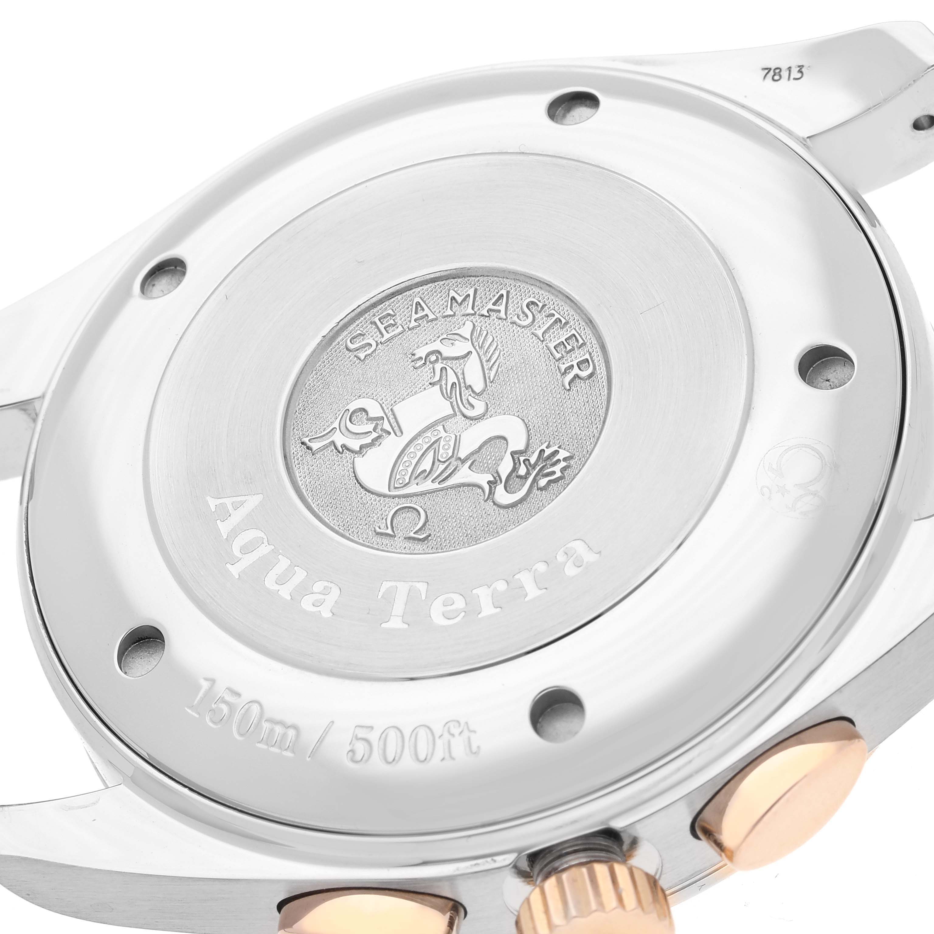 The image shows the back casing of an Omega Aqua Terra 221.20.42.40.01.002 Men's Steel and Gold (two tone) Black Dial 221.20.42.40.01.002 Men's Steel and Gold (two tone) Black Dial watch, displaying the Seamaster logo and water resistance details.