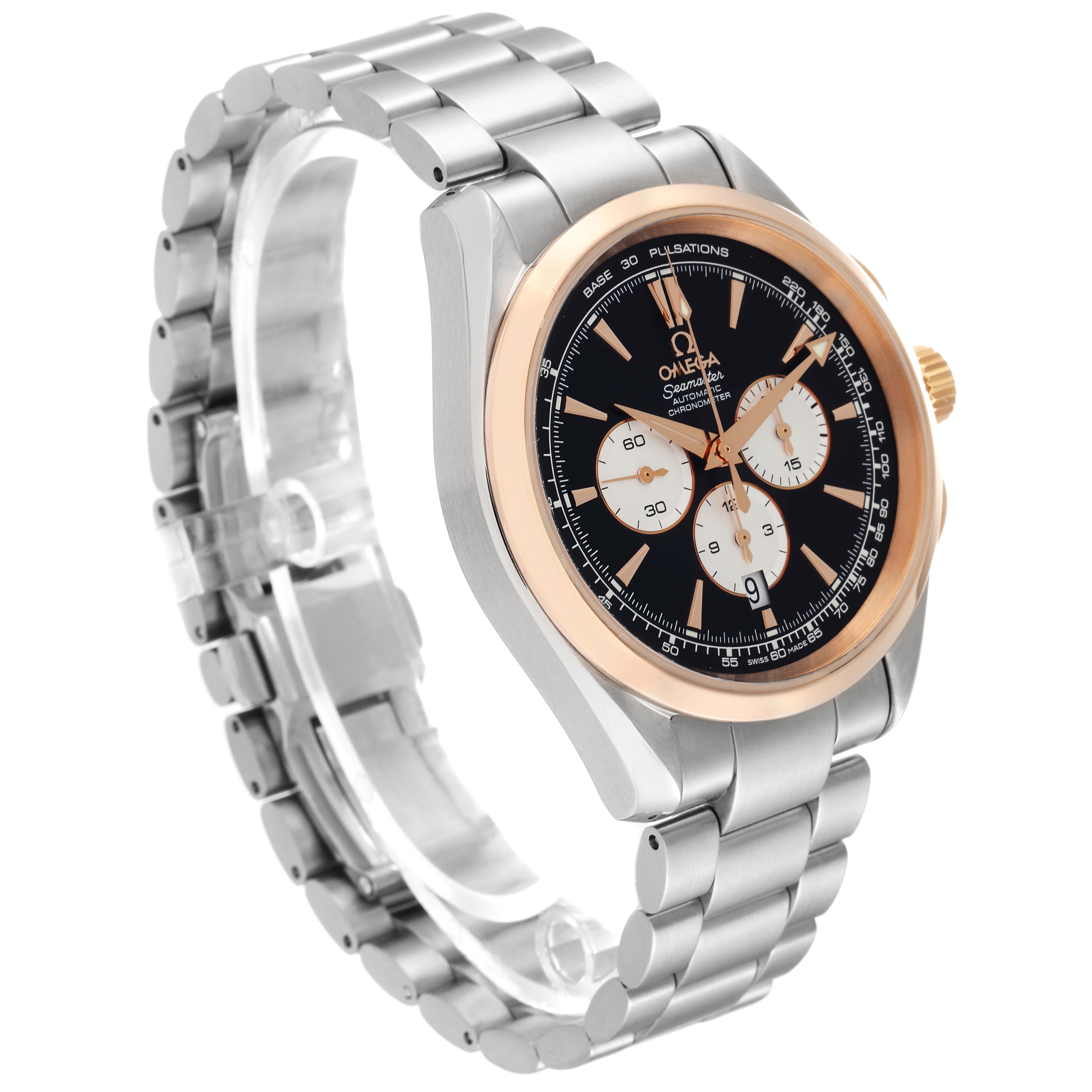 The Omega Aqua Terra 221.20.42.40.01.002 Men's Steel and Gold (two tone) Black Dial 221.20.42.40.01.002 Men's Steel and Gold (two tone) Black Dial watch is shown at a three-quarter angle, displaying its bracelet, bezel, dial, and crown.