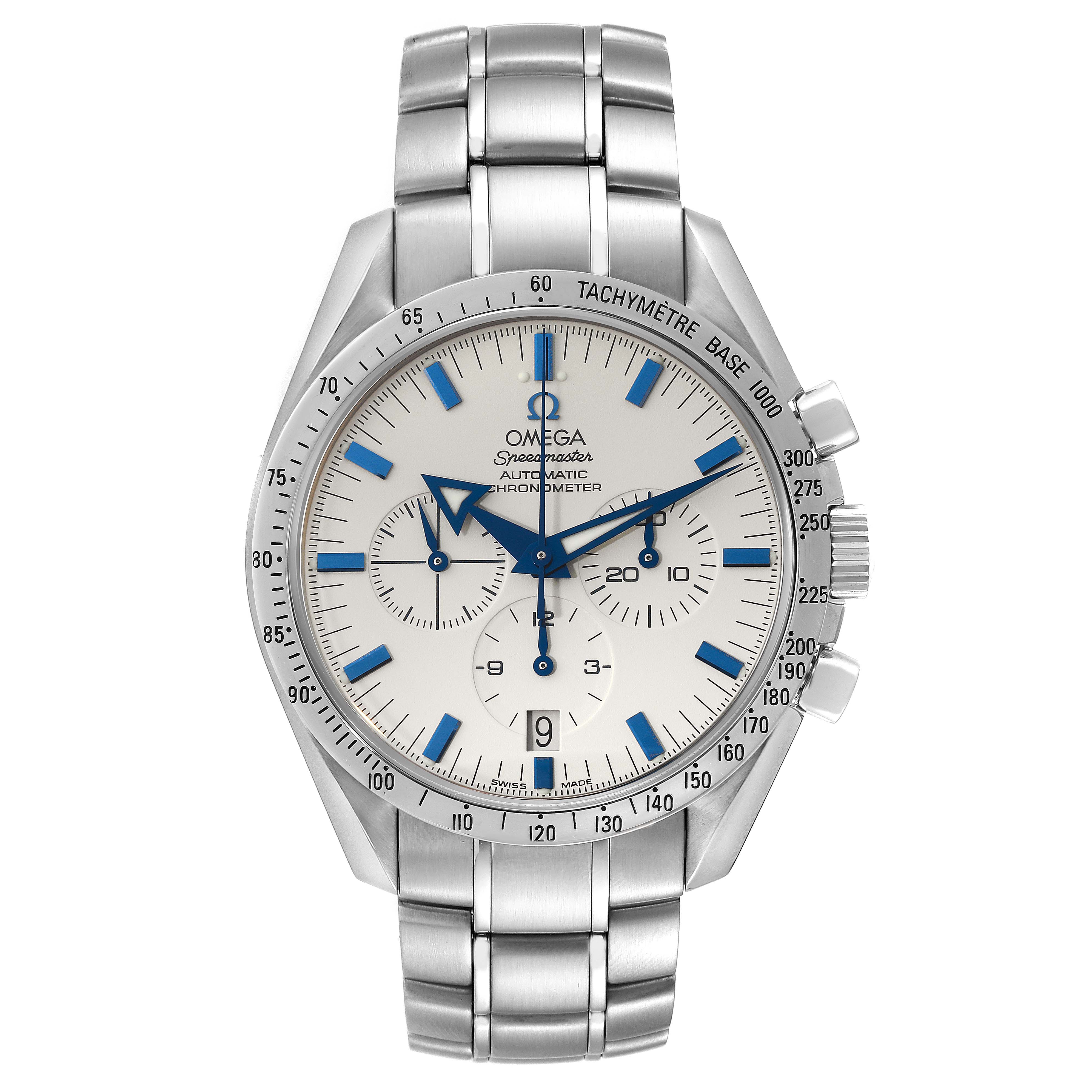 This image shows a frontal view of the Omega Speedmaster 3551.20.00 Men's Stainless Steel Yellow Dial 3551.20.00 Men's Stainless Steel Yellow Dial watch, displaying its dial, subdials, and metal bracelet.