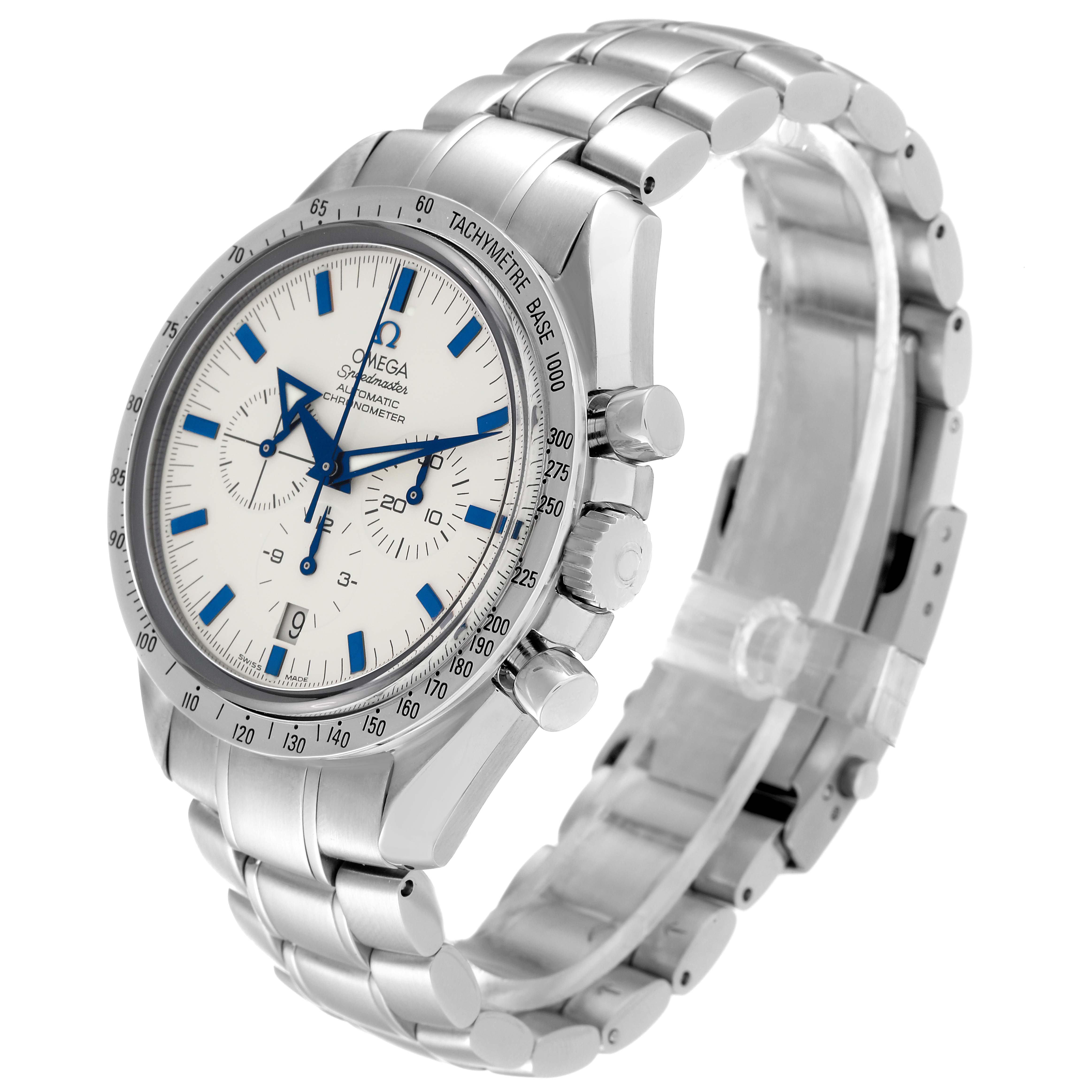 The Omega Speedmaster 3551.20.00 Men's Stainless Steel Yellow Dial 3551.20.00 Men's Stainless Steel Yellow Dial watch is shown at a three-quarter angle, highlighting the face, bezel, pushers, crown, and bracelet.