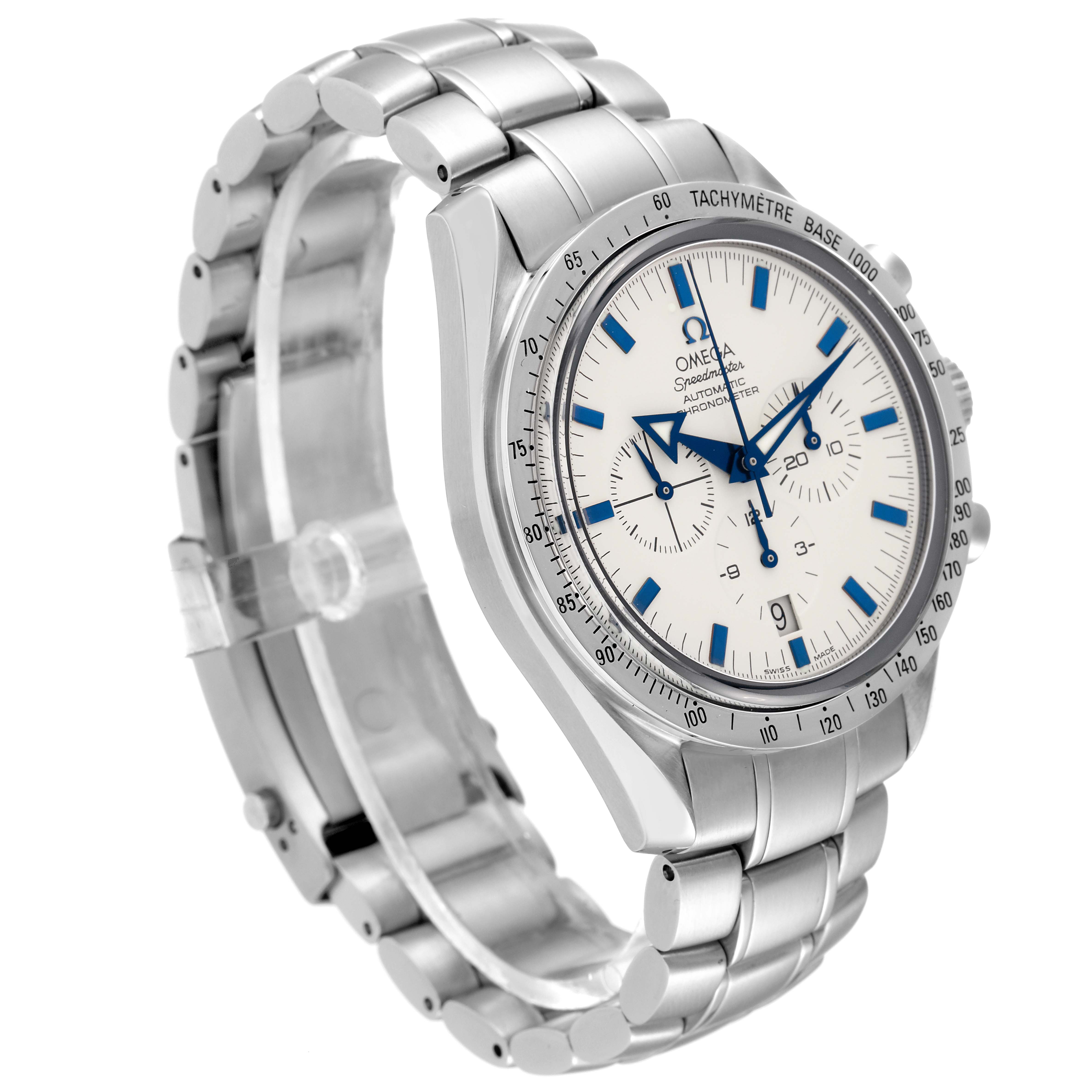 This image shows an angled side view of the Omega Speedmaster 3551.20.00 Men's Stainless Steel Yellow Dial 3551.20.00 Men's Stainless Steel Yellow Dial, highlighting the watch face, bezel, and metal bracelet.