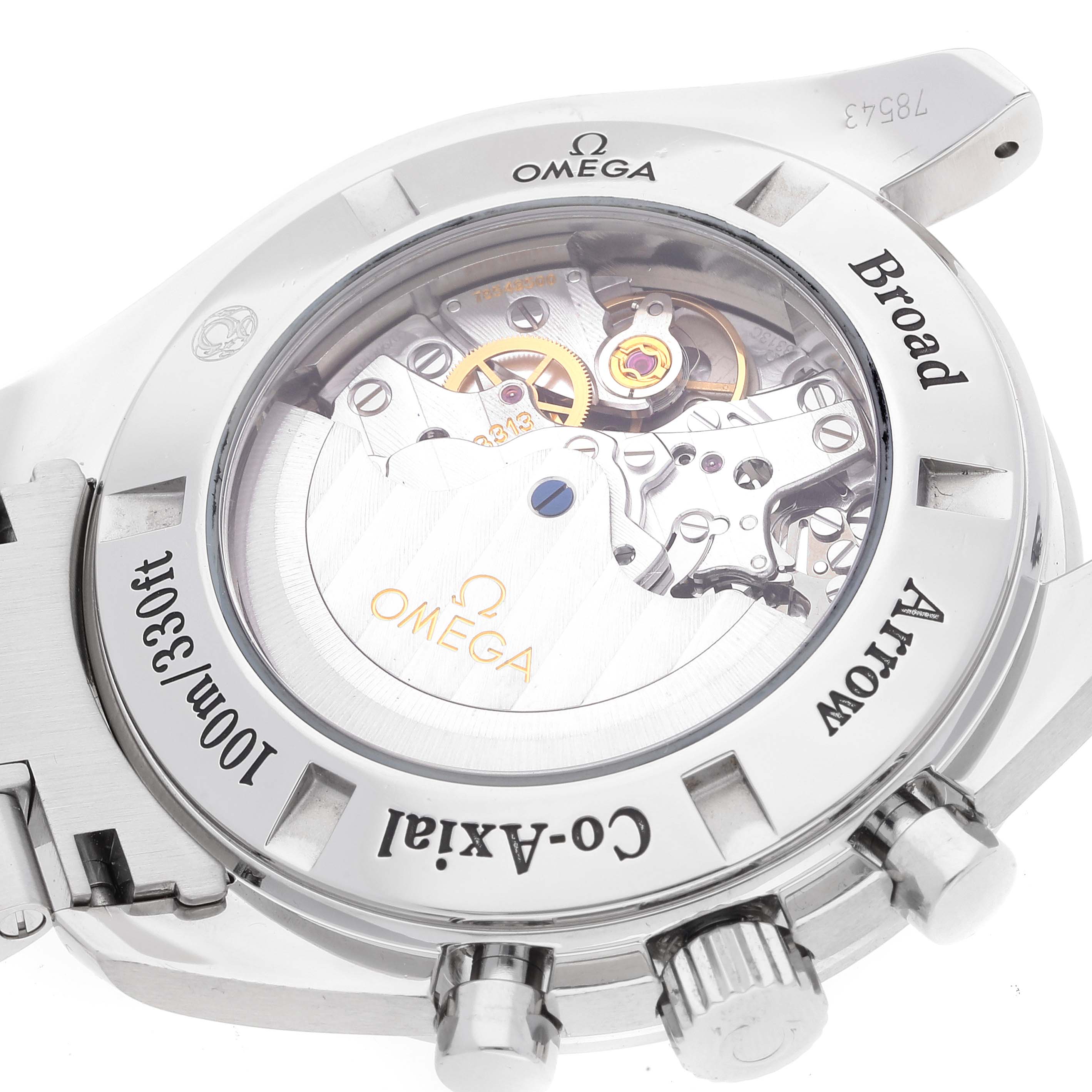 The image shows the back view of an Omega Speedmaster 321.10.44.50.01.001 Men's Stainless Steel Black Dial 321.10.44.50.01.001 Men's Stainless Steel Black Dial watch, highlighting the Co-Axial movement and transparent case back.