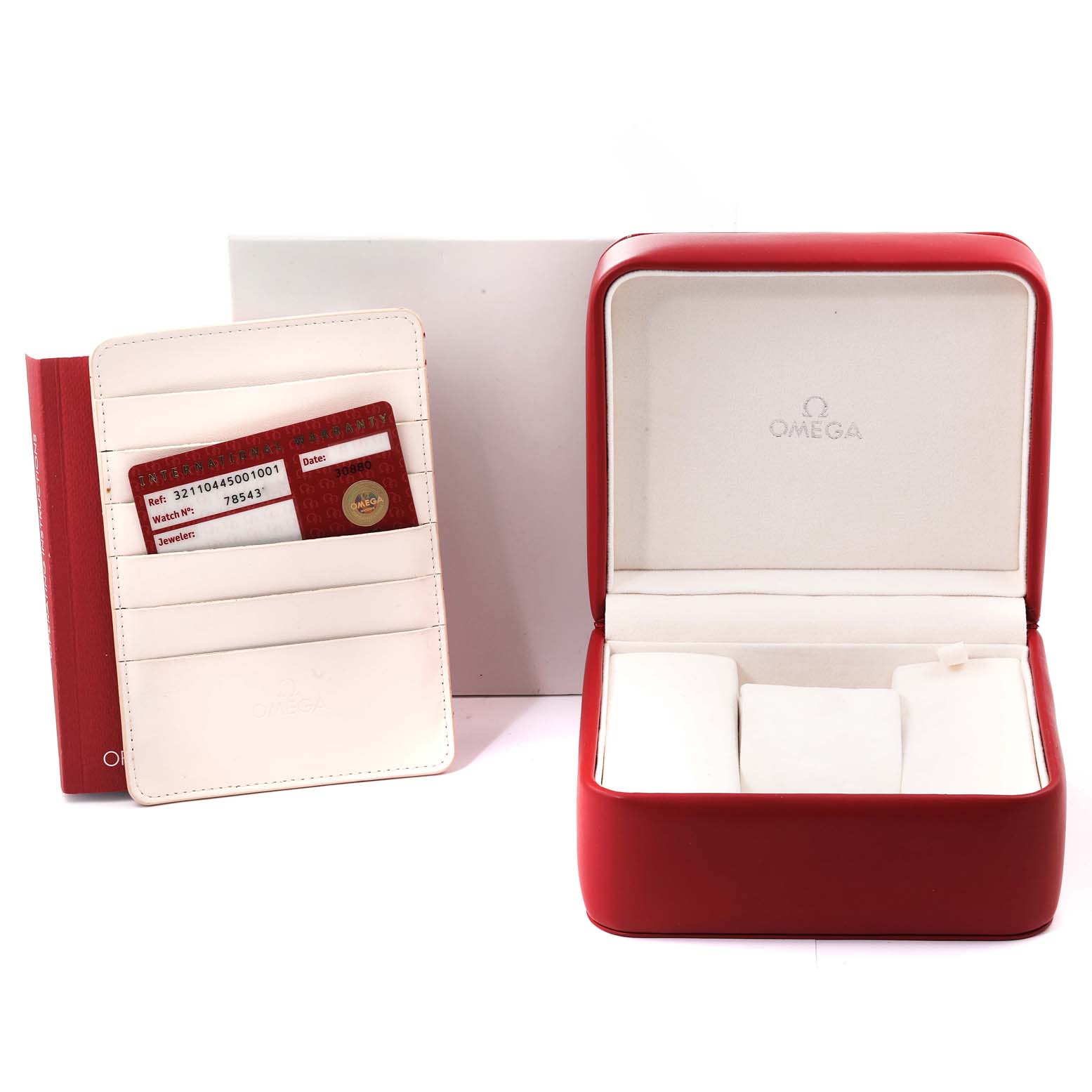 This image shows the packaging and accessories for the Omega Speedmaster 321.10.44.50.01.001 Men's Stainless Steel Black Dial 321.10.44.50.01.001 Men's Stainless Steel Black Dial, including a red box and cardholder with authenticity cards.