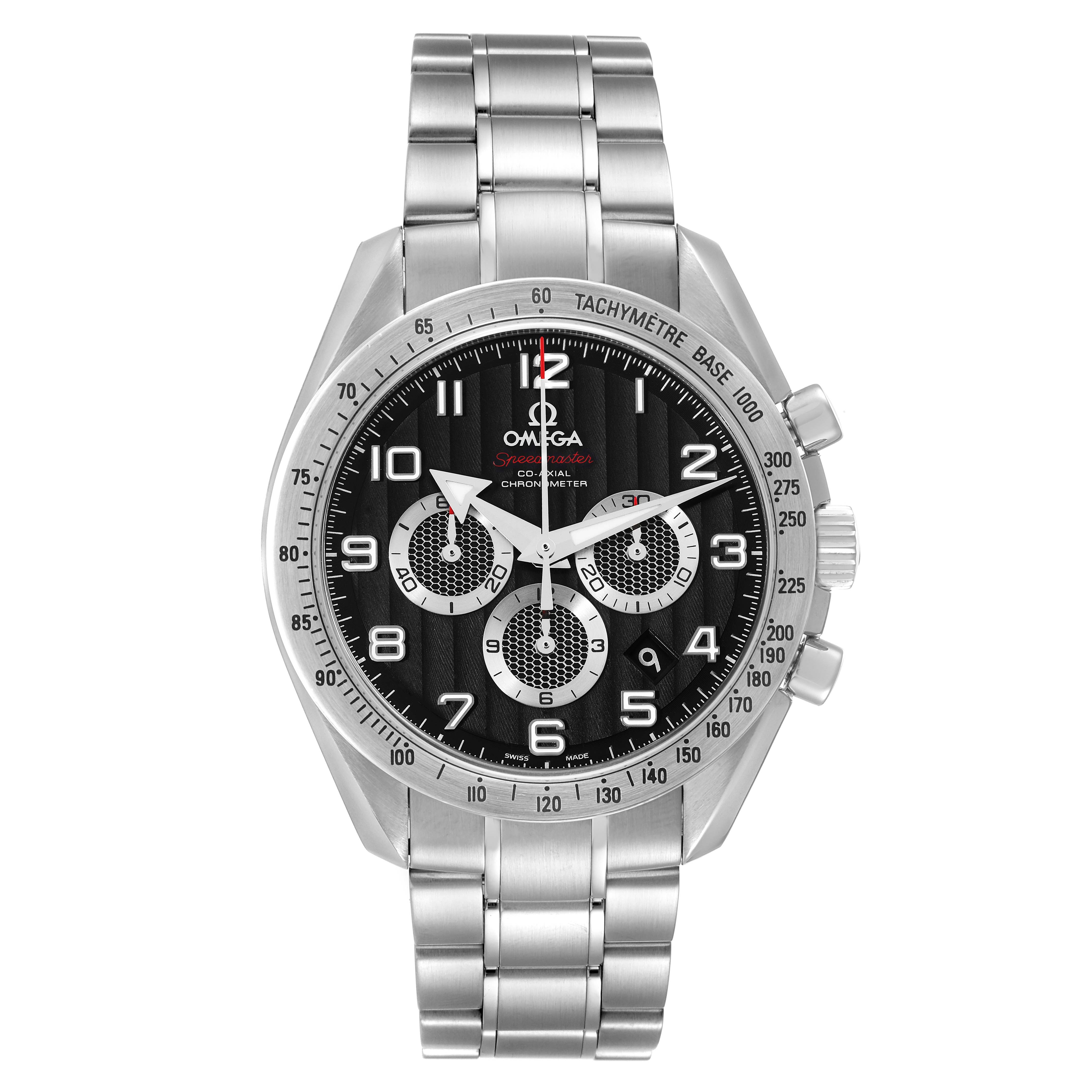 This is a front view of an Omega Speedmaster 321.10.44.50.01.001 Men's Stainless Steel Black Dial 321.10.44.50.01.001 Men's Stainless Steel Black Dial watch, showing the dial, bezel, and metal bracelet.