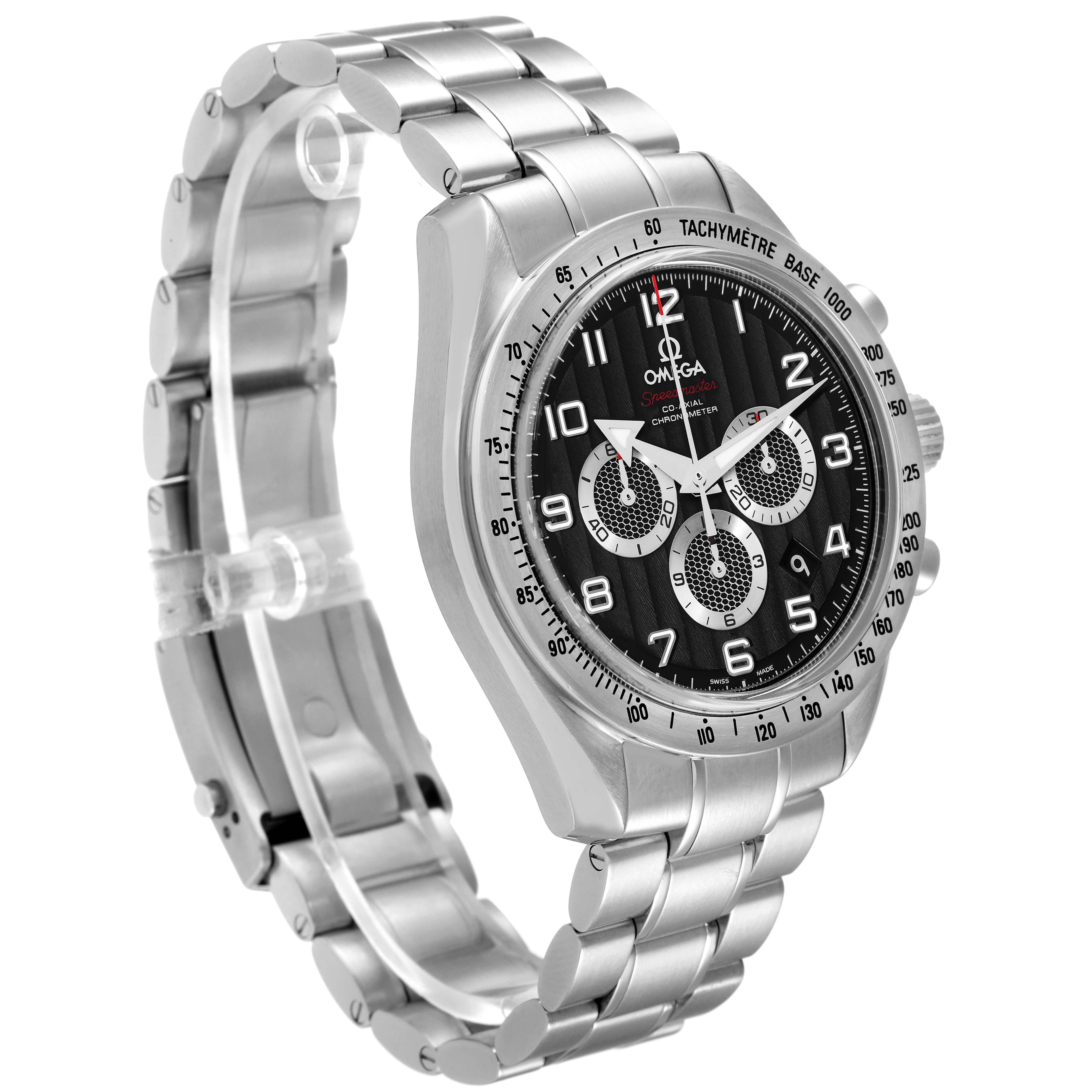 The Omega Speedmaster 321.10.44.50.01.001 Men's Stainless Steel Black Dial 321.10.44.50.01.001 Men's Stainless Steel Black Dial watch is shown at an angled view, featuring the dial, bezel, crown, and a stainless steel bracelet.