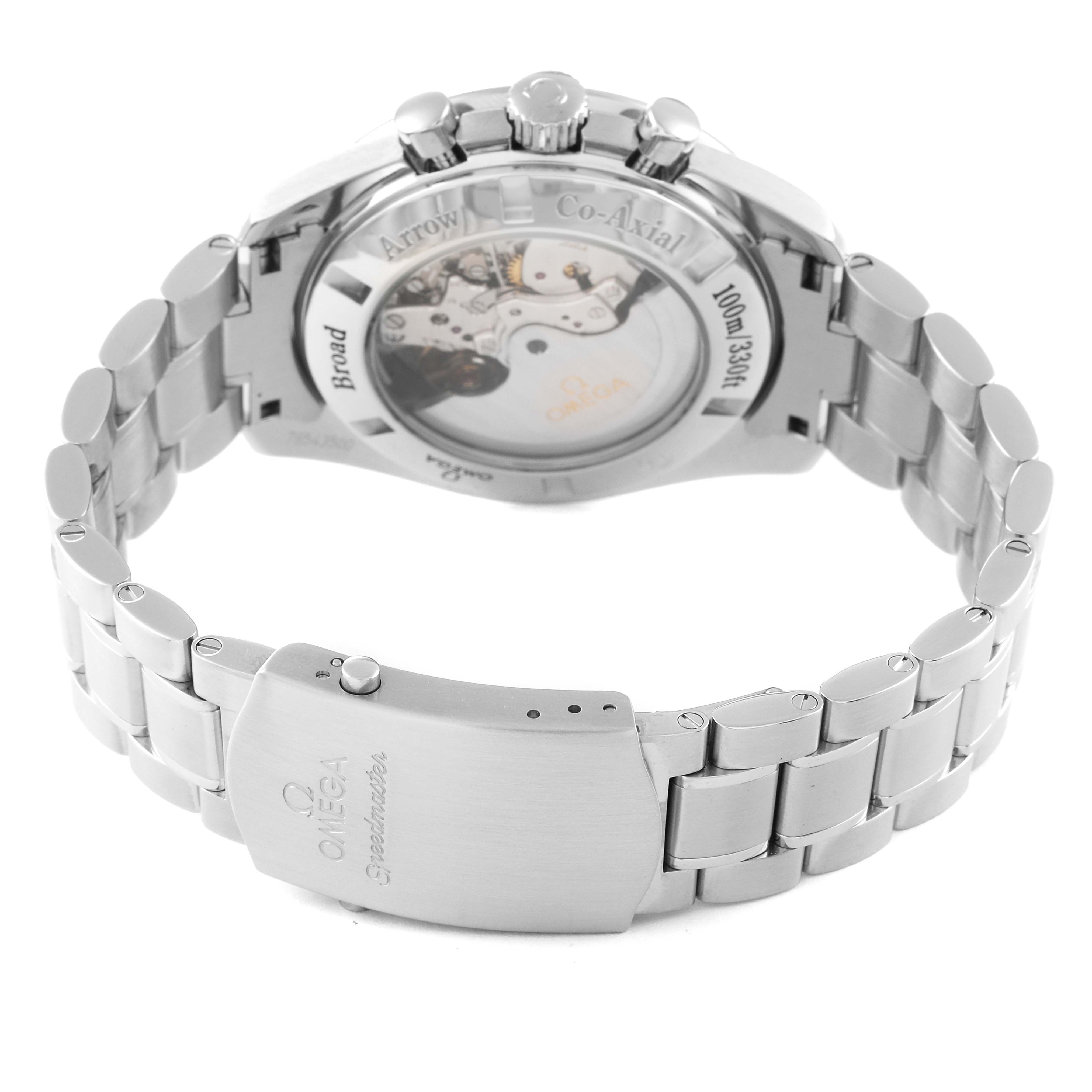 The image shows the back angle of an Omega Speedmaster 321.10.44.50.01.001 Men's Stainless Steel Black Dial 321.10.44.50.01.001 Men's Stainless Steel Black Dial, highlighting its movement, caseback, and metal bracelet.