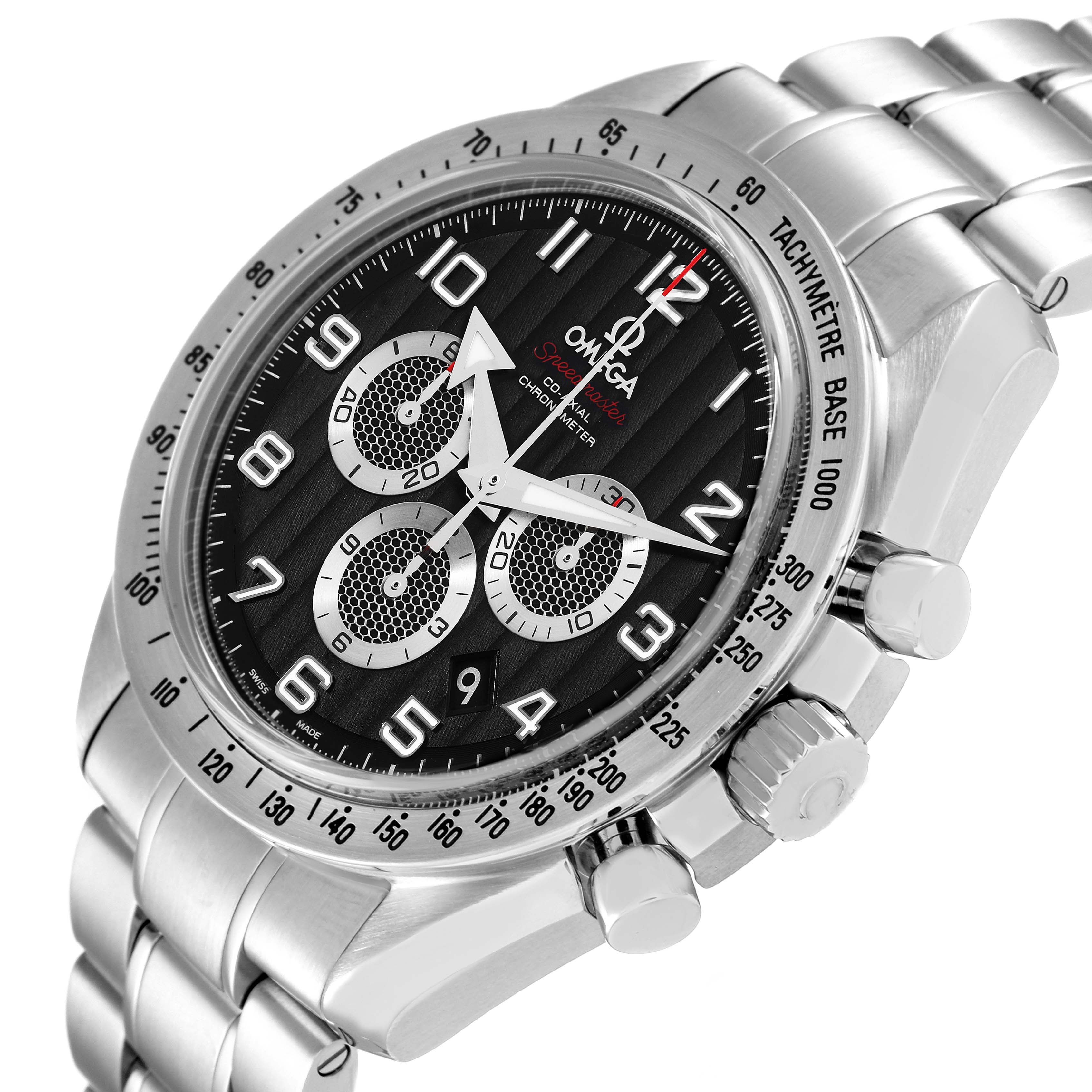 The Omega Speedmaster 321.10.44.50.01.001 Men's Stainless Steel Black Dial 321.10.44.50.01.001 Men's Stainless Steel Black Dial watch is shown at a slight angle, highlighting its dial, bezel, and bracelet.