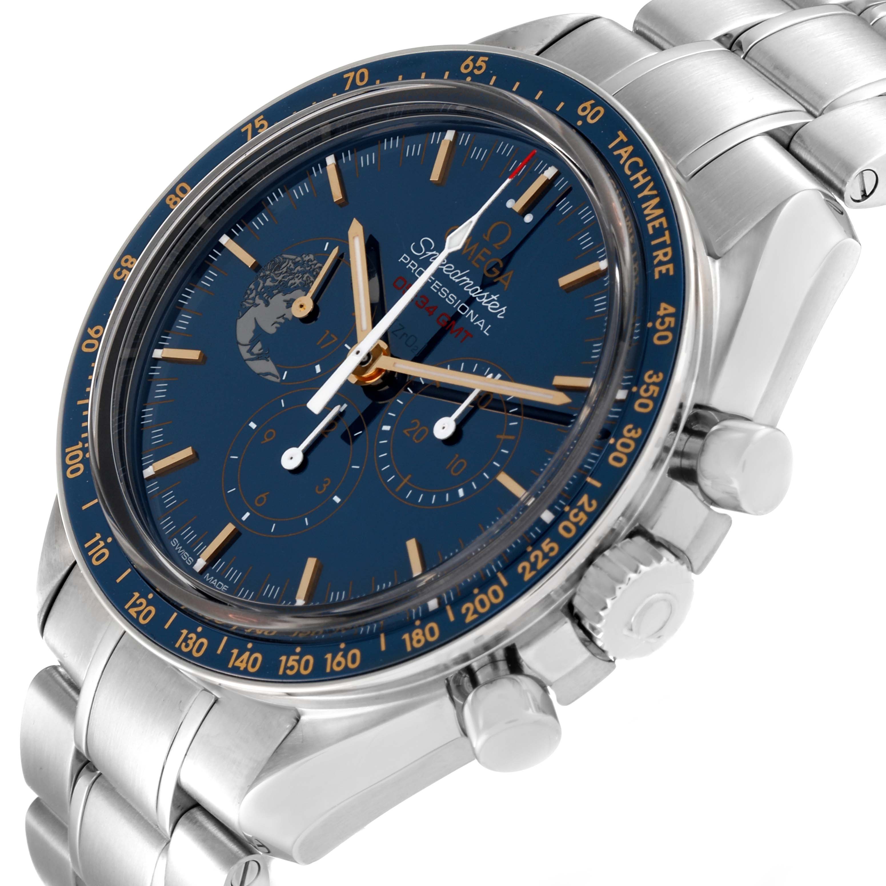 The Omega Speedmaster 311.30.42.30.03.001 Men's Stainless Steel Blue Dial 311.30.42.30.03.001 Men's Stainless Steel Blue Dial watch is shown at an angle displaying its face, tachymetre bezel, and stainless steel bracelet. 