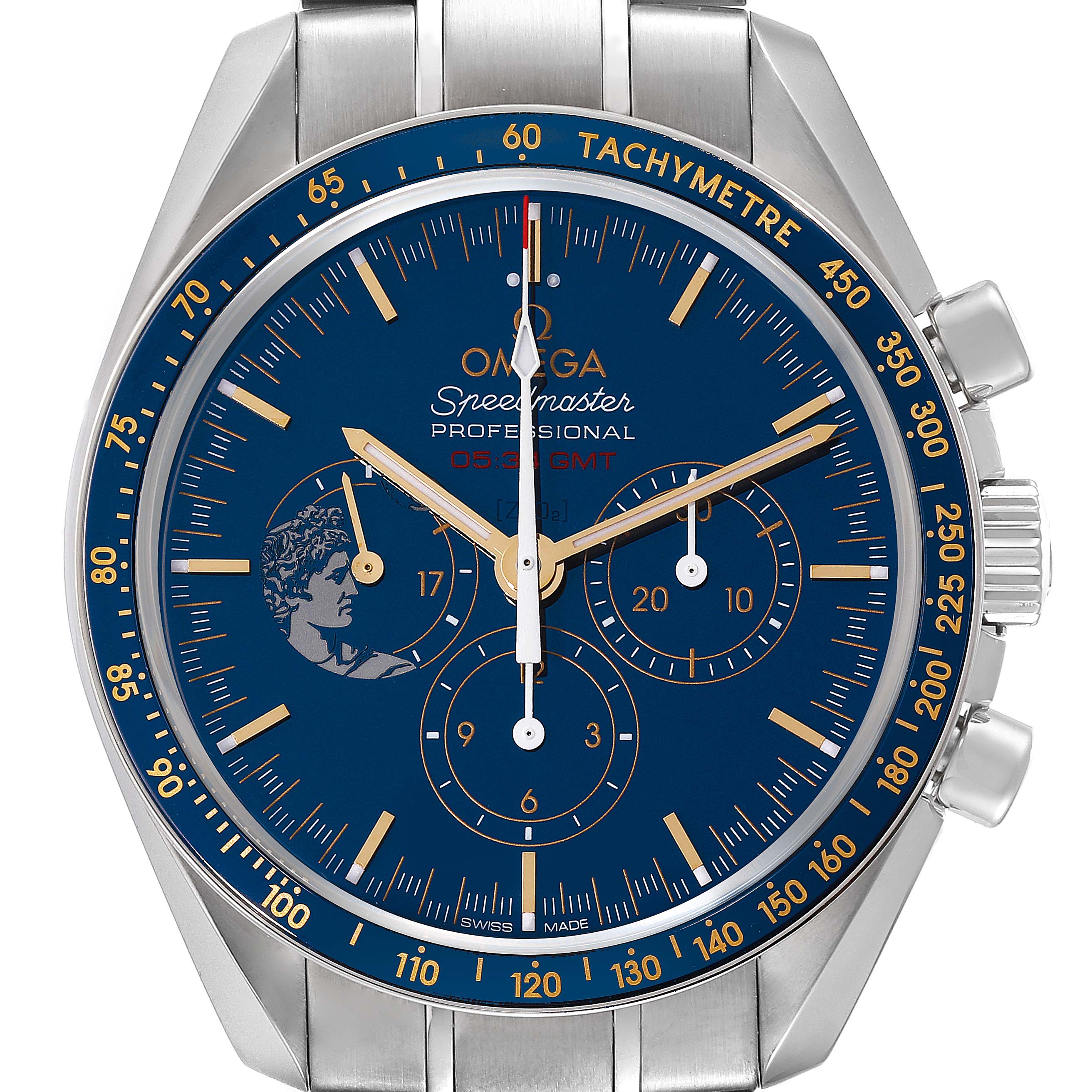 The image shows a front view of the Omega Speedmaster 311.30.42.30.03.001 Men's Stainless Steel Blue Dial 311.30.42.30.03.001 Men's Stainless Steel Blue Dial Professional, displaying its dial, tachymeter, and chronograph subdials.