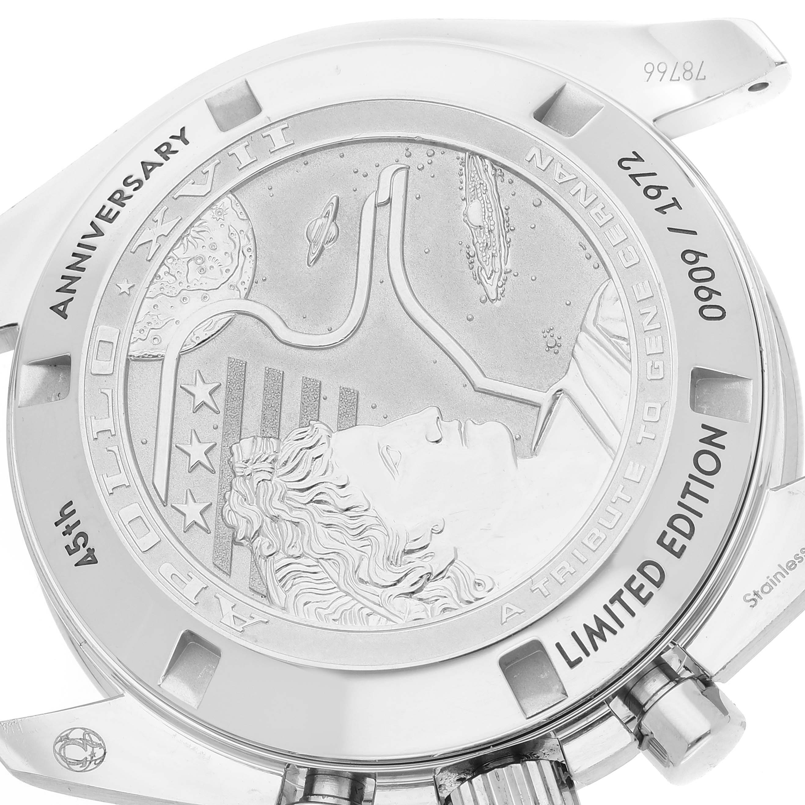 The image shows the case back of an Omega Speedmaster 311.30.42.30.03.001 Men's Stainless Steel Blue Dial 311.30.42.30.03.001 Men's Stainless Steel Blue Dial Limited Edition watch, featuring an Apollo XVII tribute engraving.