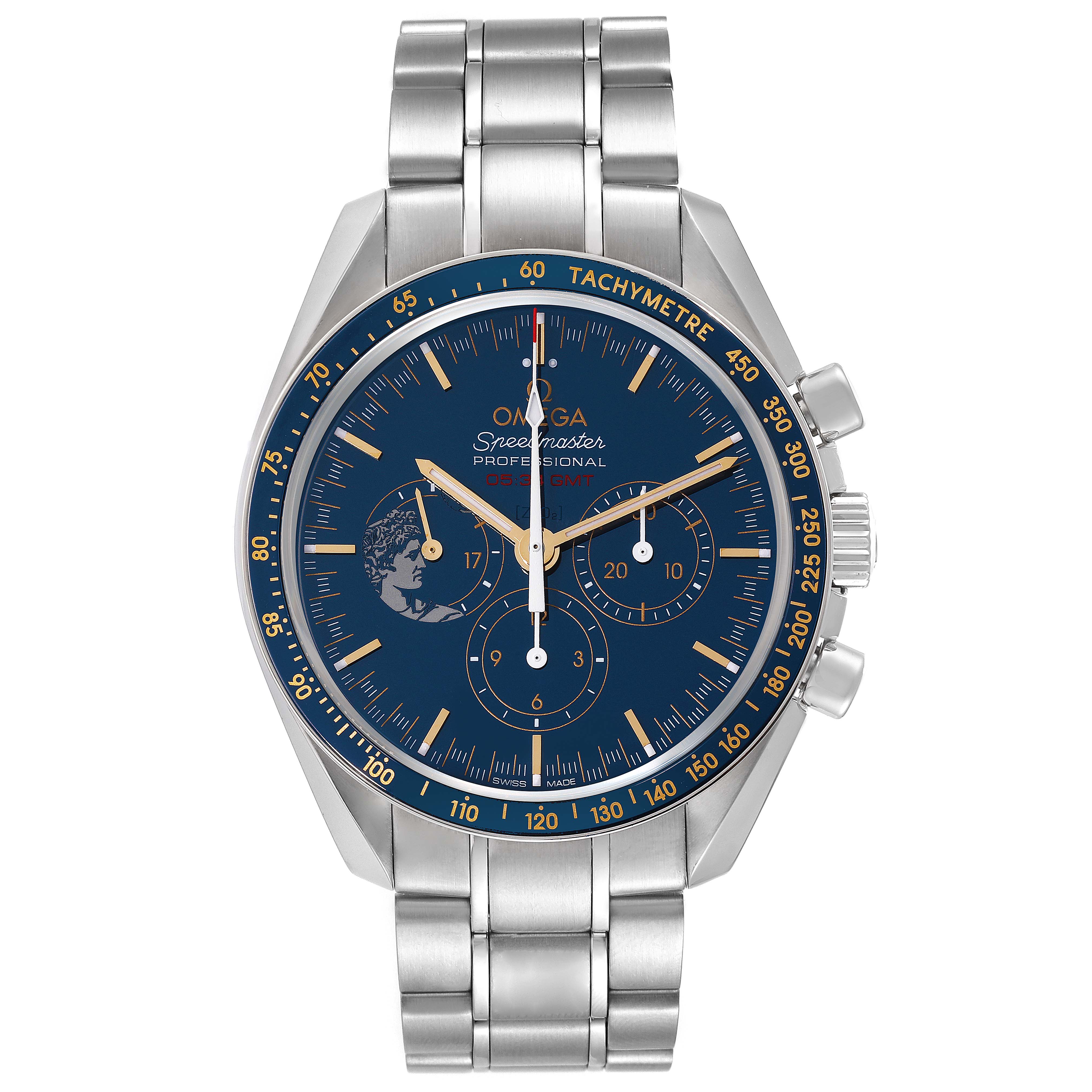 This image shows a front view of an Omega Speedmaster 311.30.42.30.03.001 Men's Stainless Steel Blue Dial 311.30.42.30.03.001 Men's Stainless Steel Blue Dial watch, featuring the face, hands, bezel, crown, and bracelet.