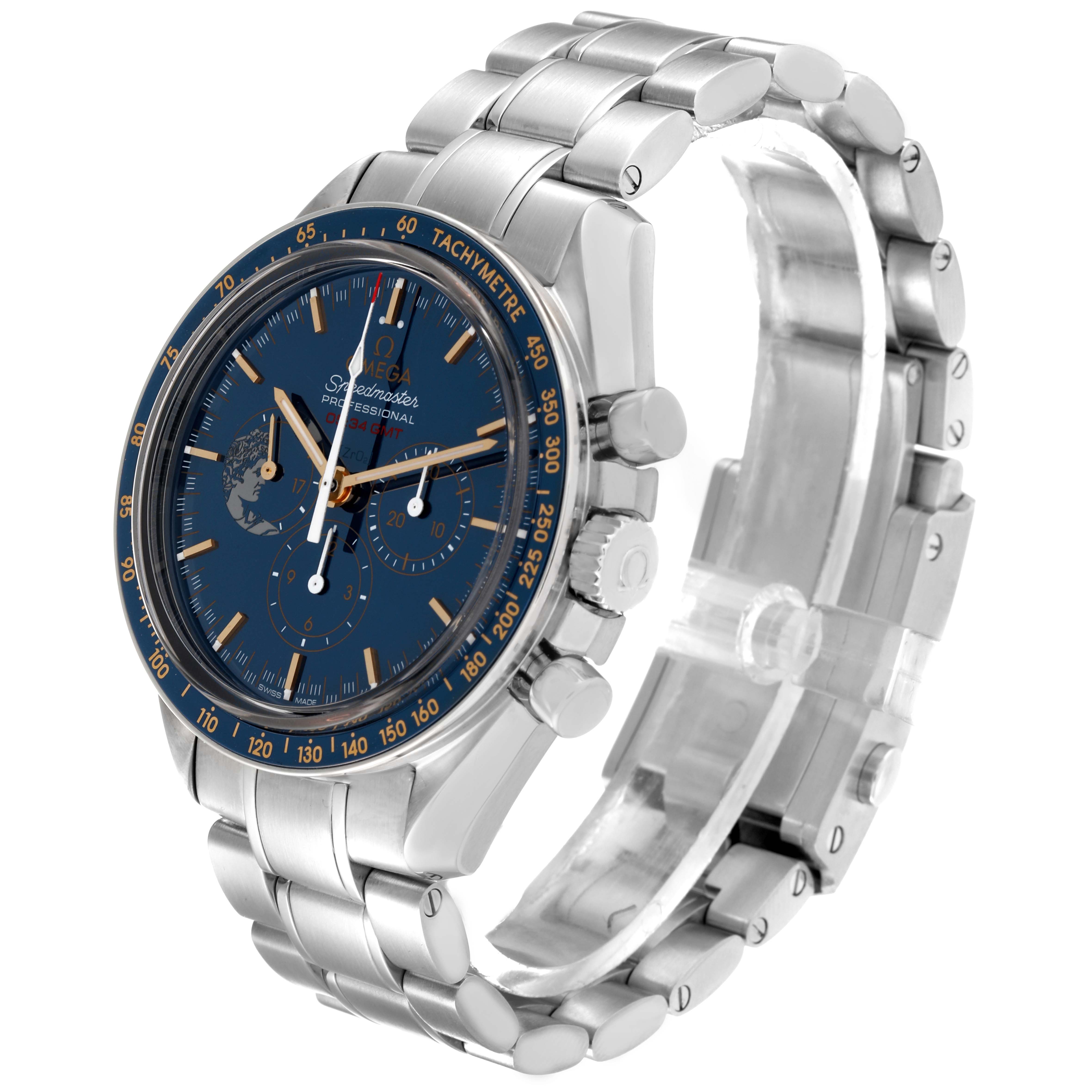 This image shows an Omega Speedmaster 311.30.42.30.03.001 Men's Stainless Steel Blue Dial 311.30.42.30.03.001 Men's Stainless Steel Blue Dial watch from a side angle, displaying the face, band, and crown.
