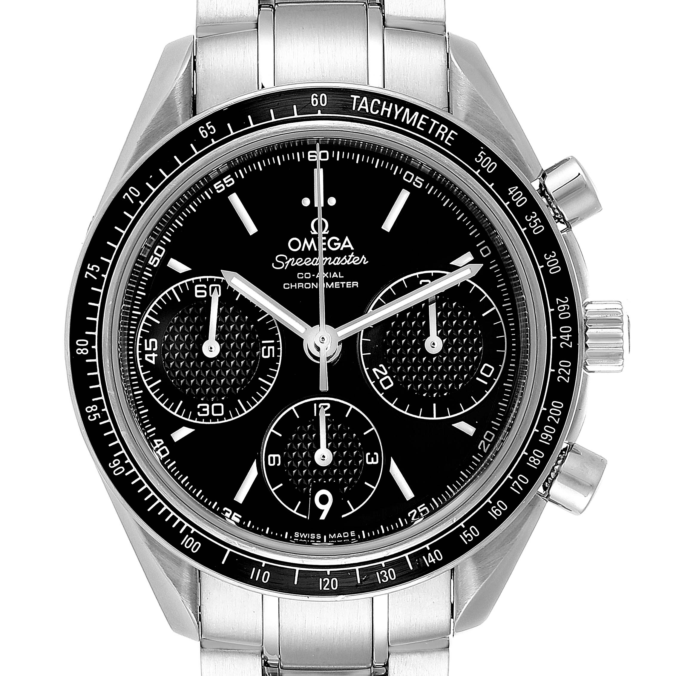 This image shows a front view of an Omega Speedmaster 326.30.40.50.01.001 Men's Stainless Steel Black Dial 326.30.40.50.01.001 Men's Stainless Steel Black Dial watch, highlighting the dial, bezel, and chronograph subdials.