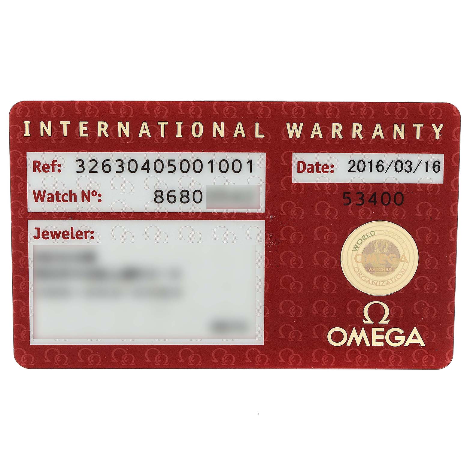 This is an Omega Speedmaster 326.30.40.50.01.001 Men's Stainless Steel Black Dial 326.30.40.50.01.001 Men's Stainless Steel Black Dial's International Warranty card shown from a top-down angle.