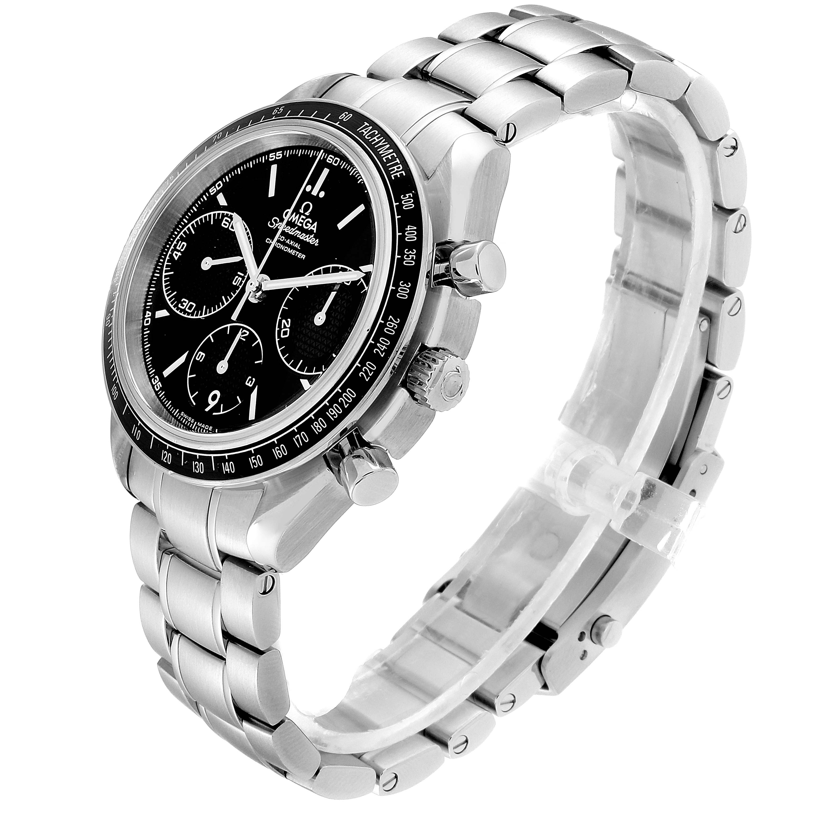 The Omega Speedmaster 326.30.40.50.01.001 Men's Stainless Steel Black Dial 326.30.40.50.01.001 Men's Stainless Steel Black Dial watch is shown at a three-quarter angle, displaying the face, bezel, crown, pushers, and bracelet.