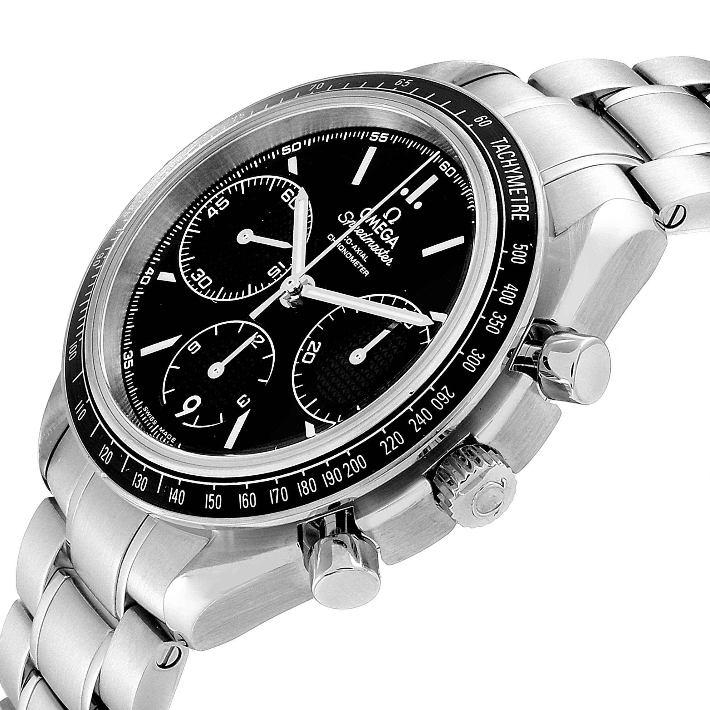 The image shows an Omega Speedmaster 326.30.40.50.01.001 Men's Stainless Steel Black Dial 326.30.40.50.01.001 Men's Stainless Steel Black Dial watch at an angle, highlighting the face, bezel, and stainless steel bracelet.