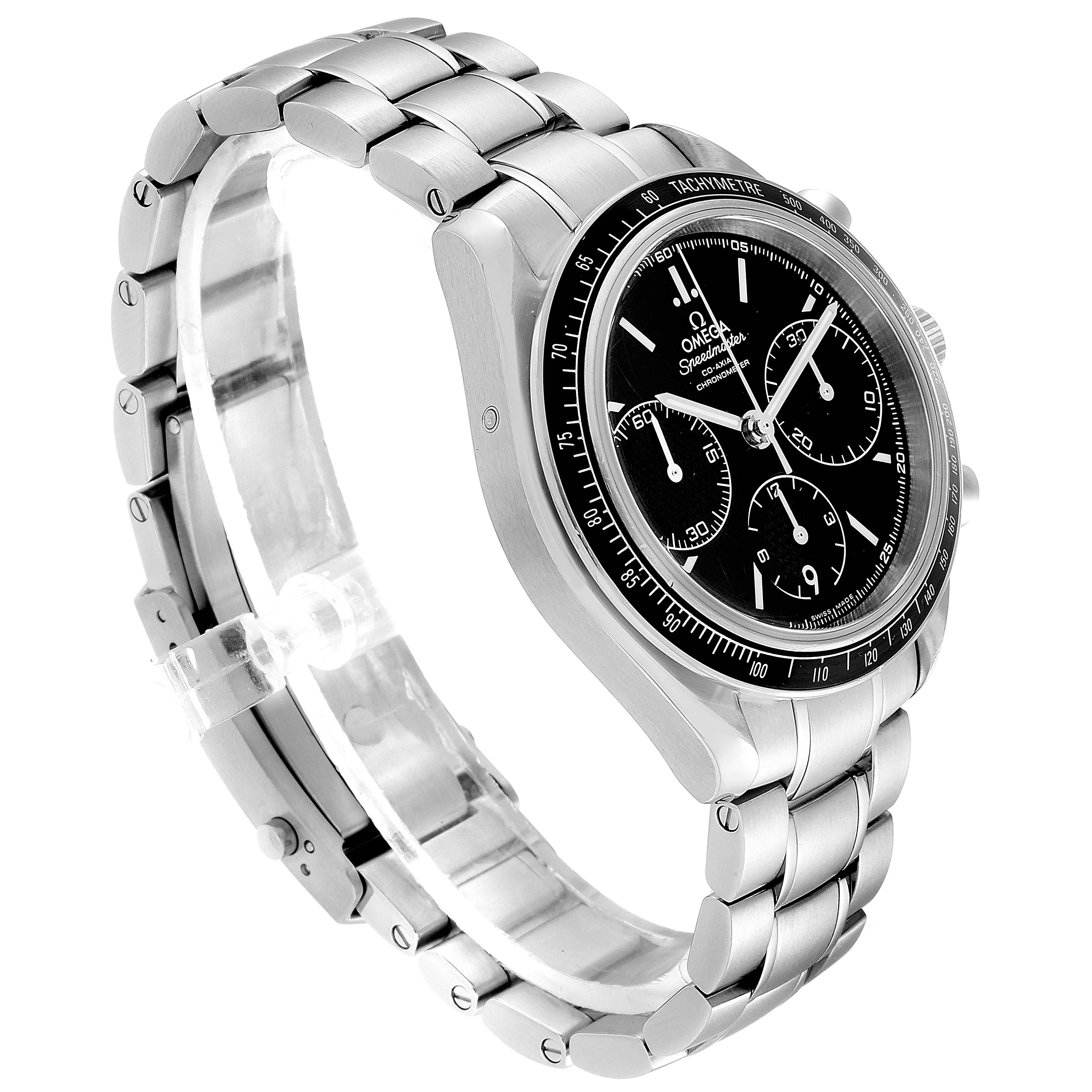 The Omega Speedmaster 326.30.40.50.01.001 Men's Stainless Steel Black Dial 326.30.40.50.01.001 Men's Stainless Steel Black Dial watch is shown at an angle highlighting the dial, bezel, and stainless steel bracelet.
