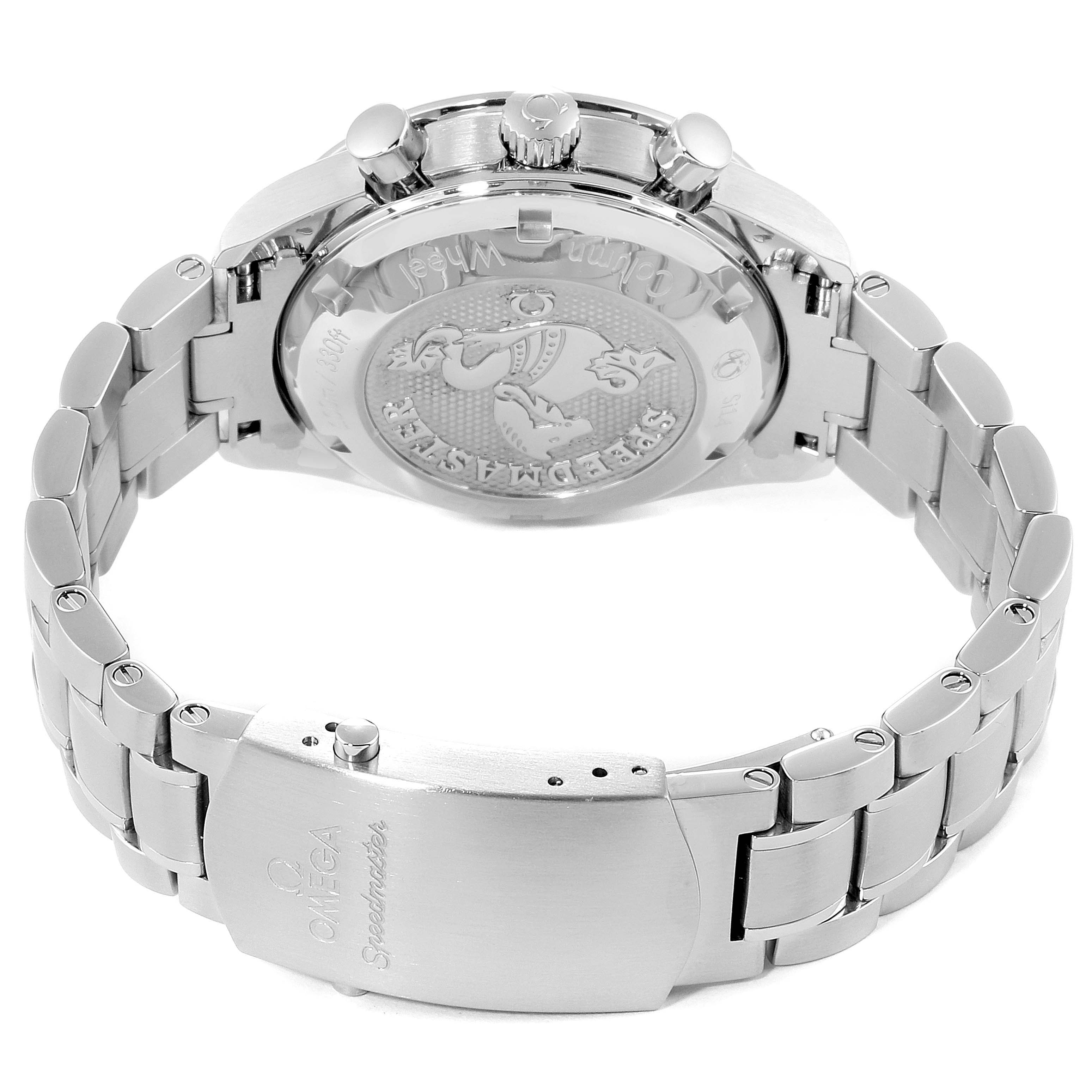 This image shows the back case and clasp of an Omega Speedmaster 326.30.40.50.01.001 Men's Stainless Steel Black Dial 326.30.40.50.01.001 Men's Stainless Steel Black Dial watch, highlighting the intricate engravings and stainless steel bracelet.