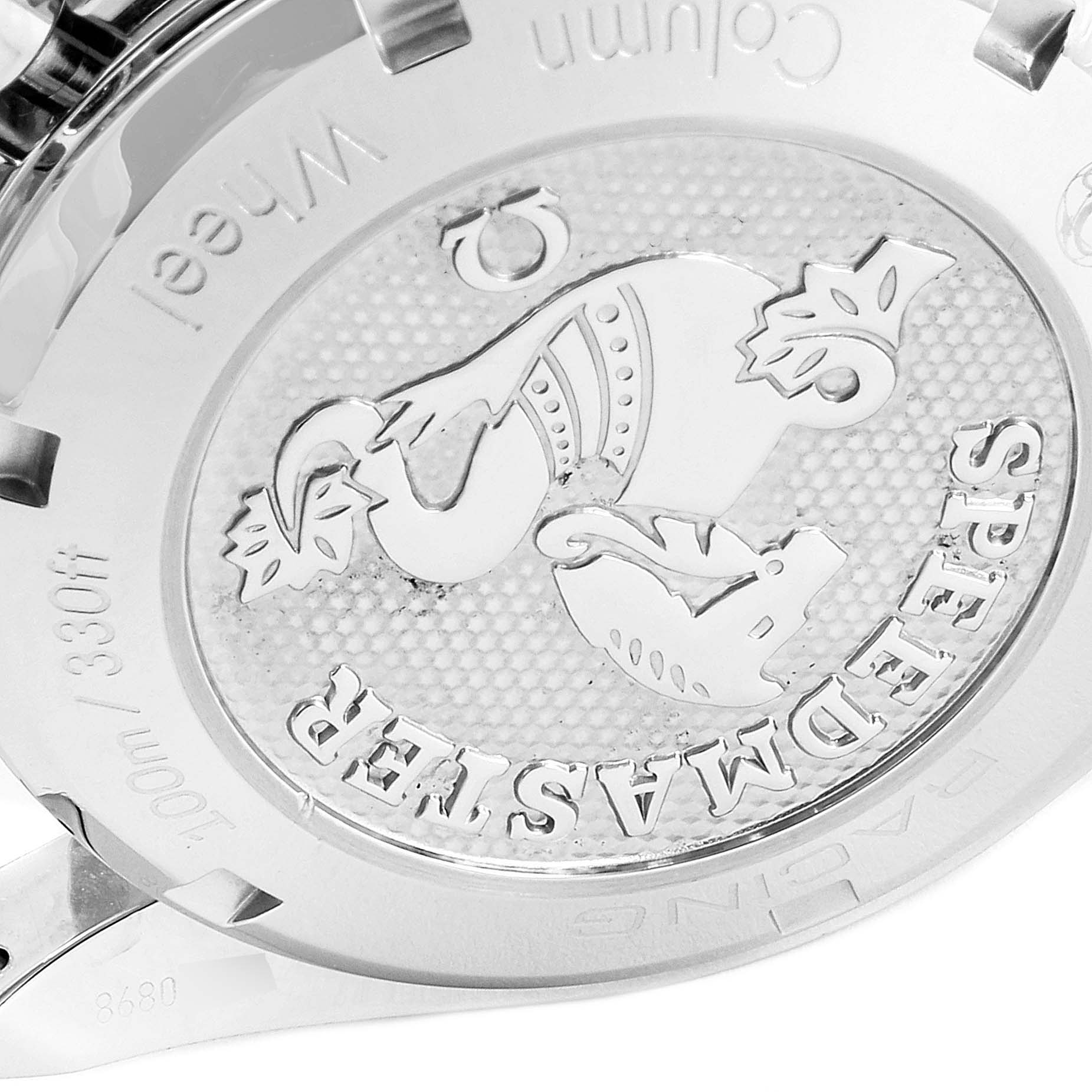 The image shows the case back of an Omega Speedmaster 326.30.40.50.01.001 Men's Stainless Steel Black Dial 326.30.40.50.01.001 Men's Stainless Steel Black Dial watch, displaying the engraved logo and water resistance specifications.