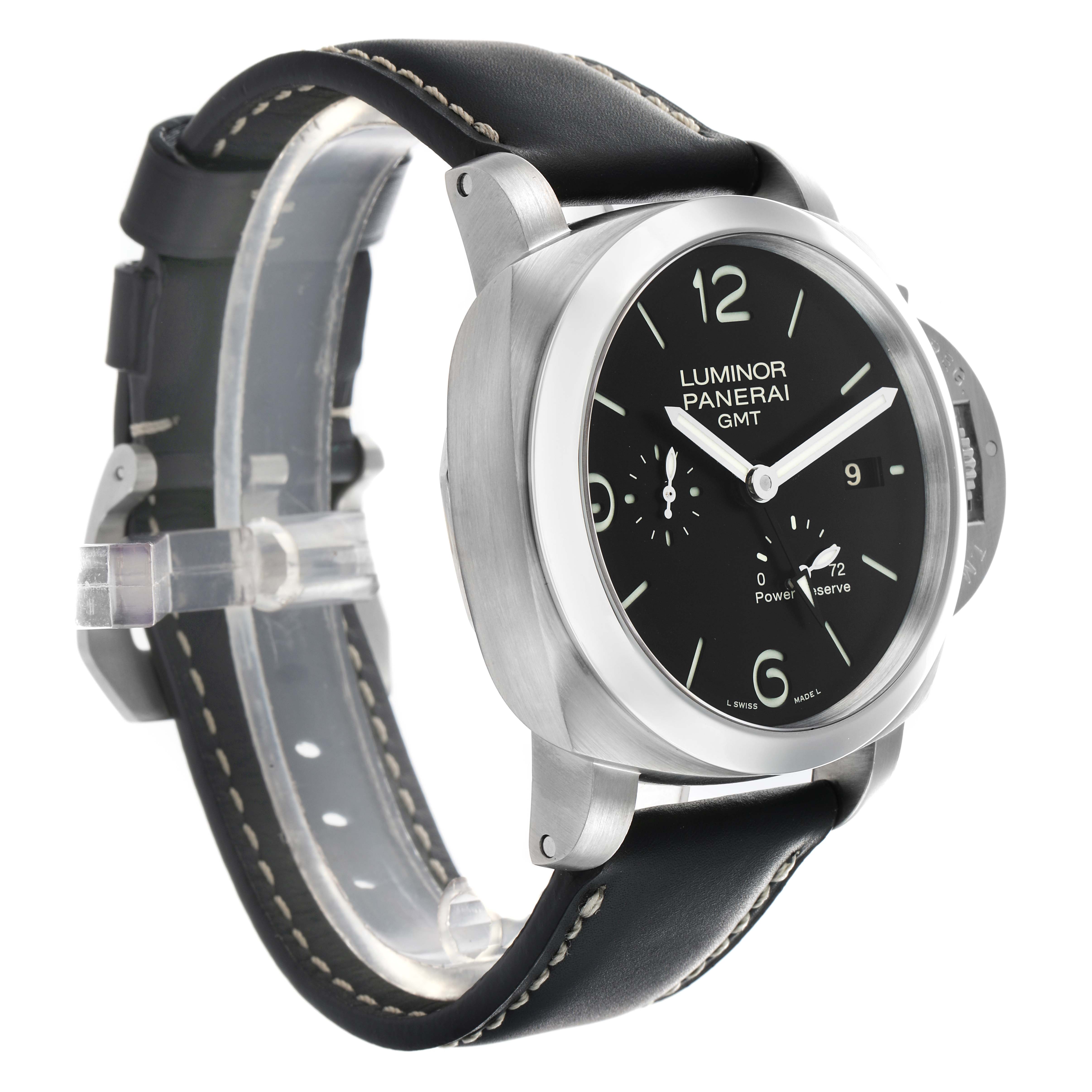 The image shows a Panerai Luminor PAM00321 Men
s Stainless Steel Black Dial watch at a three-quarter angle, highlighting the face, bezel, and strap.