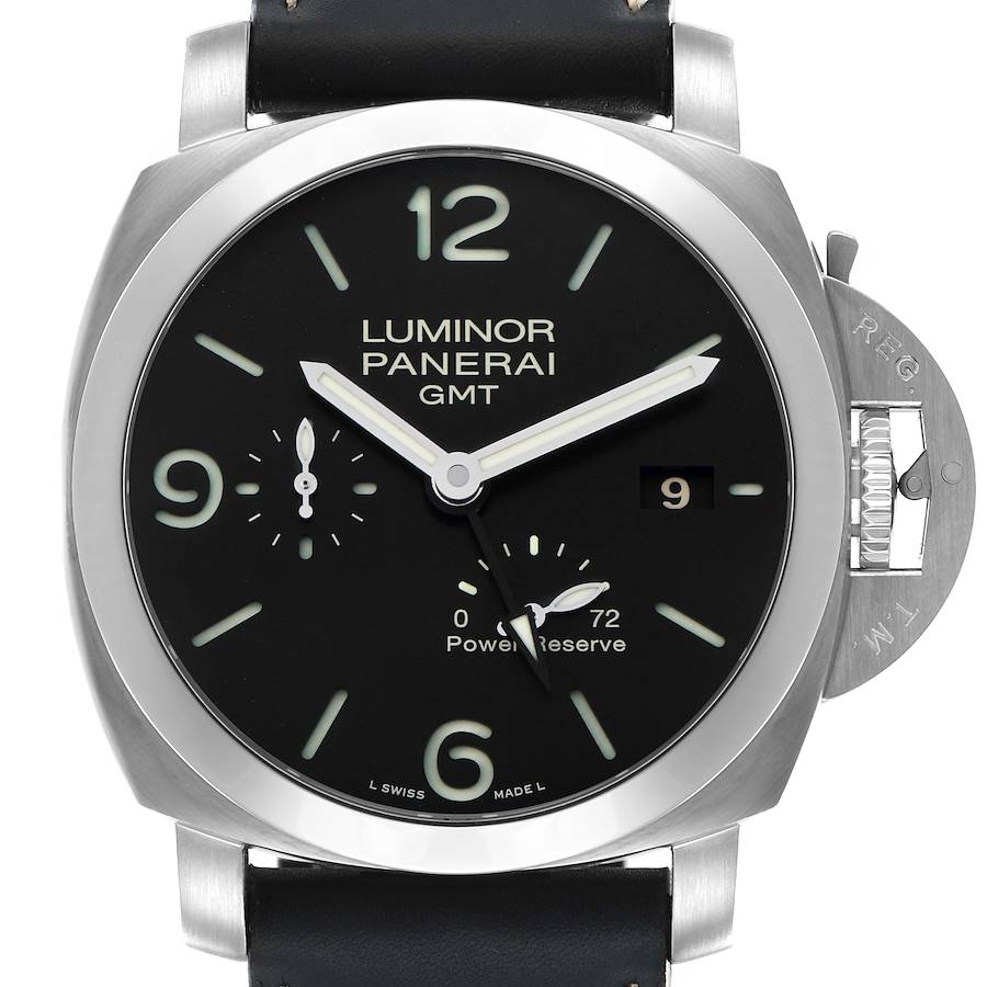 The Panerai Luminor PAM00321 Men's Stainless Steel Black Dial watch is shown from the front, displaying the dial, numerals, hands, and crown guard.