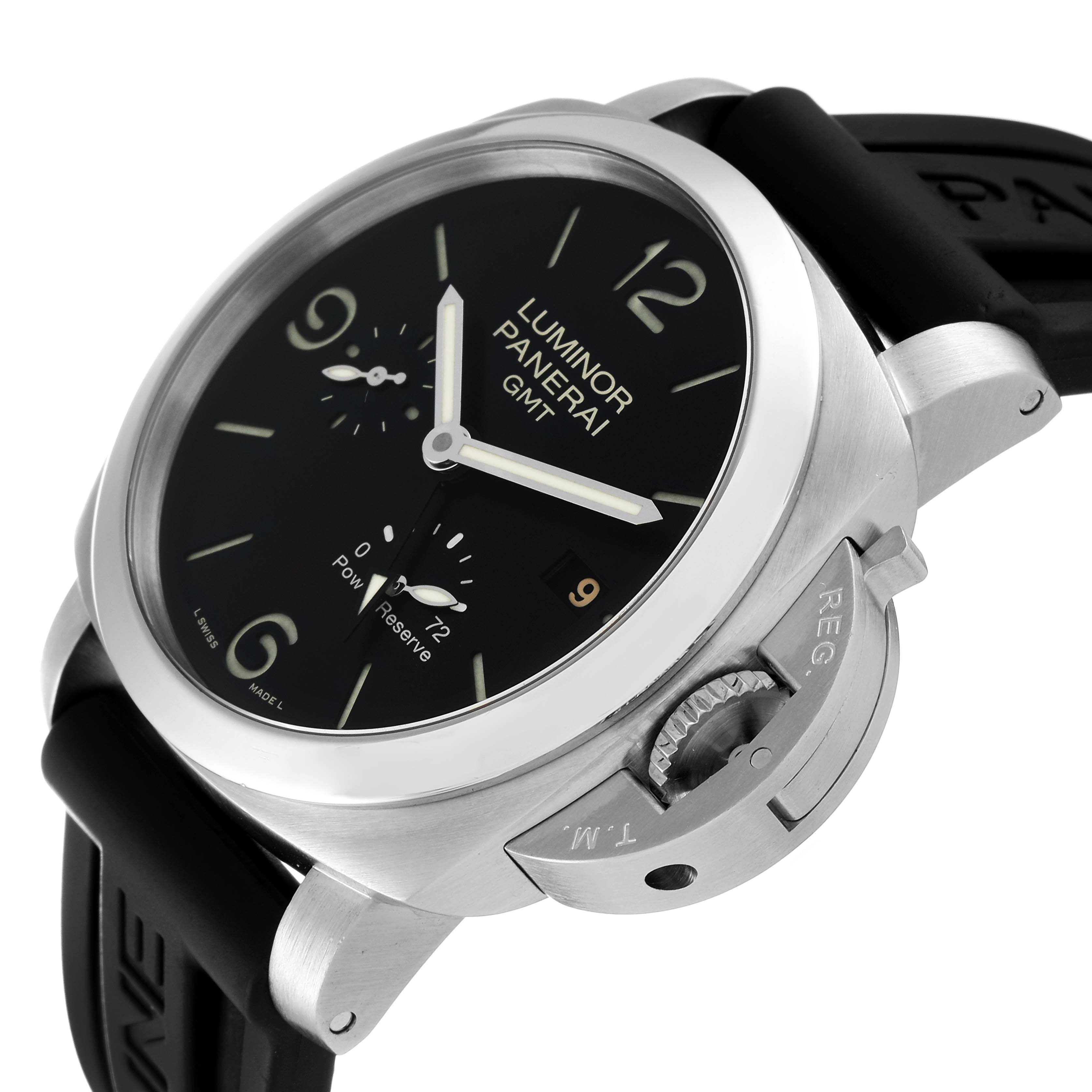 The image shows a Panerai Luminor PAM00321 Men's Stainless Steel Black Dial PAM00321 Men's Stainless Steel Black Dial watch at an angle highlighting the dial, crown guard, and part of the strap.