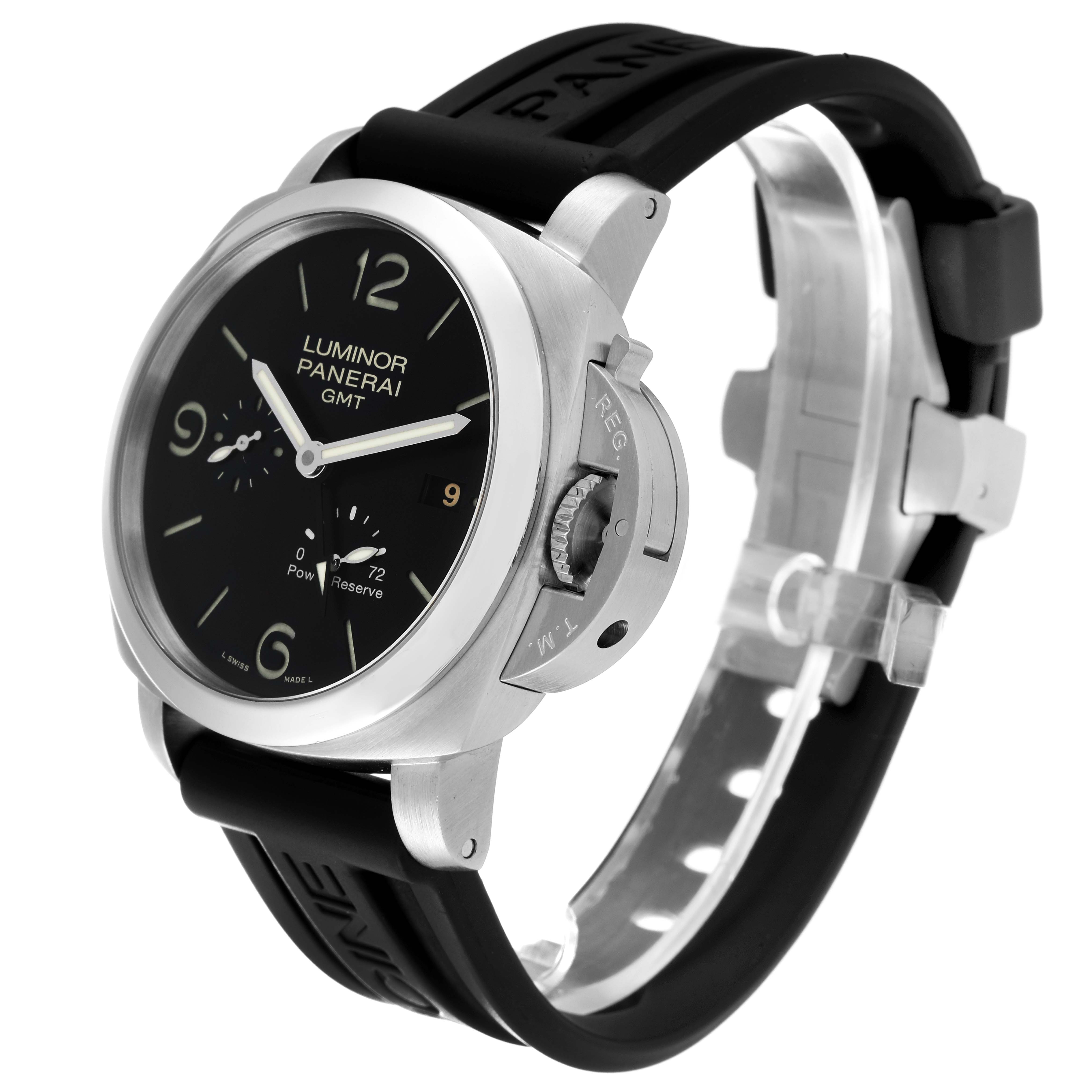 The image shows a Panerai Luminor PAM00321 Men's Stainless Steel Black Dial PAM00321 Men's Stainless Steel Black Dial watch at an angled side view, highlighting its round face, crown guard, and black rubber strap.