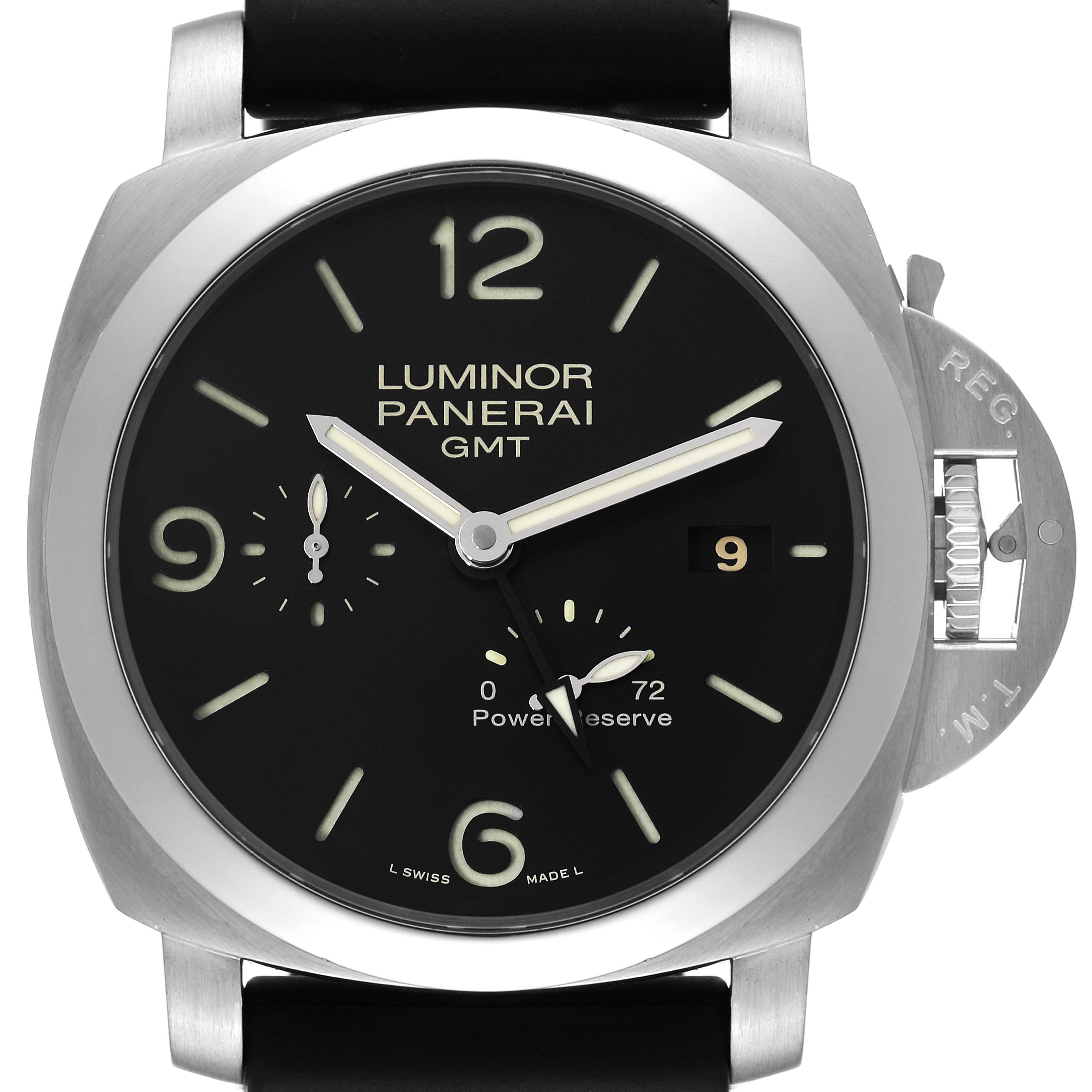 The image shows a front view of the Panerai Luminor PAM00321 Men's Stainless Steel Black Dial PAM00321 Men's Stainless Steel Black Dial GMT watch, highlighting its dial, crown, and power reserve indicator.