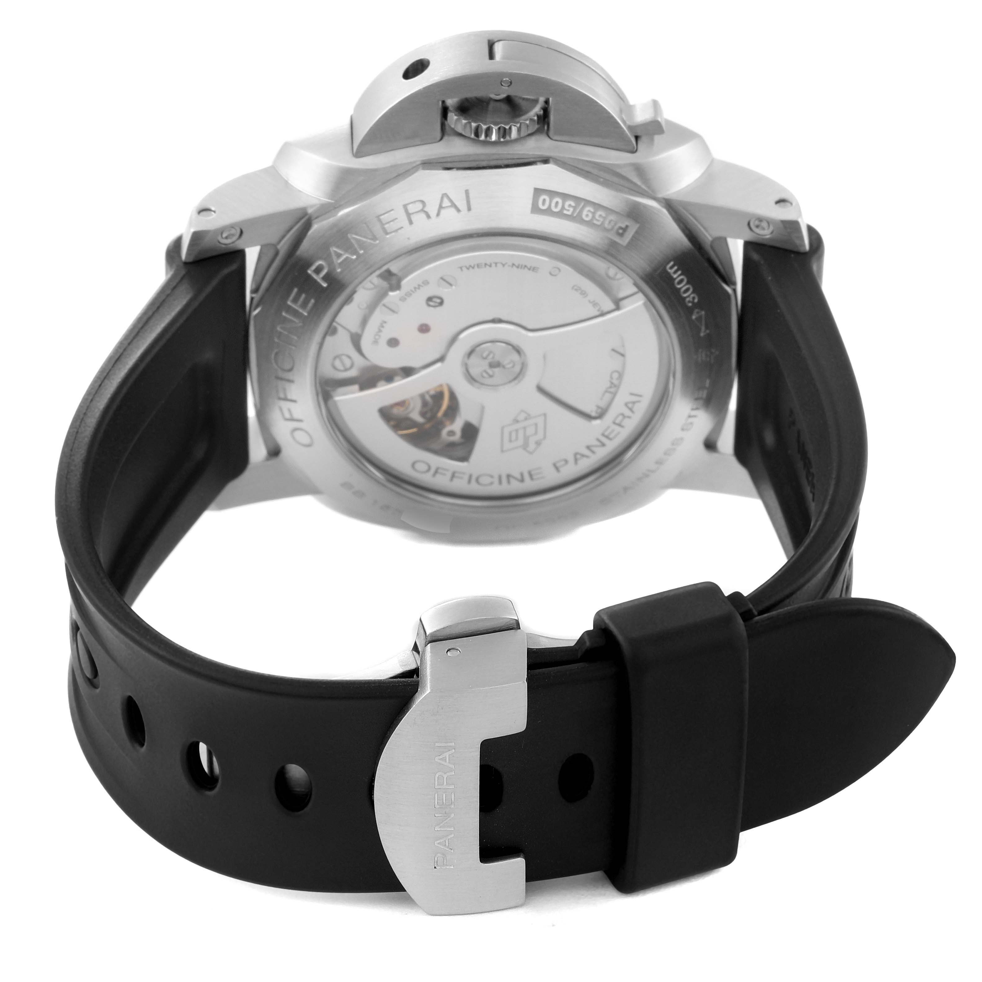The image shows the back view of the Panerai Luminor PAM00321 Men's Stainless Steel Black Dial PAM00321 Men's Stainless Steel Black Dial watch, highlighting the case back, strap, and buckle.