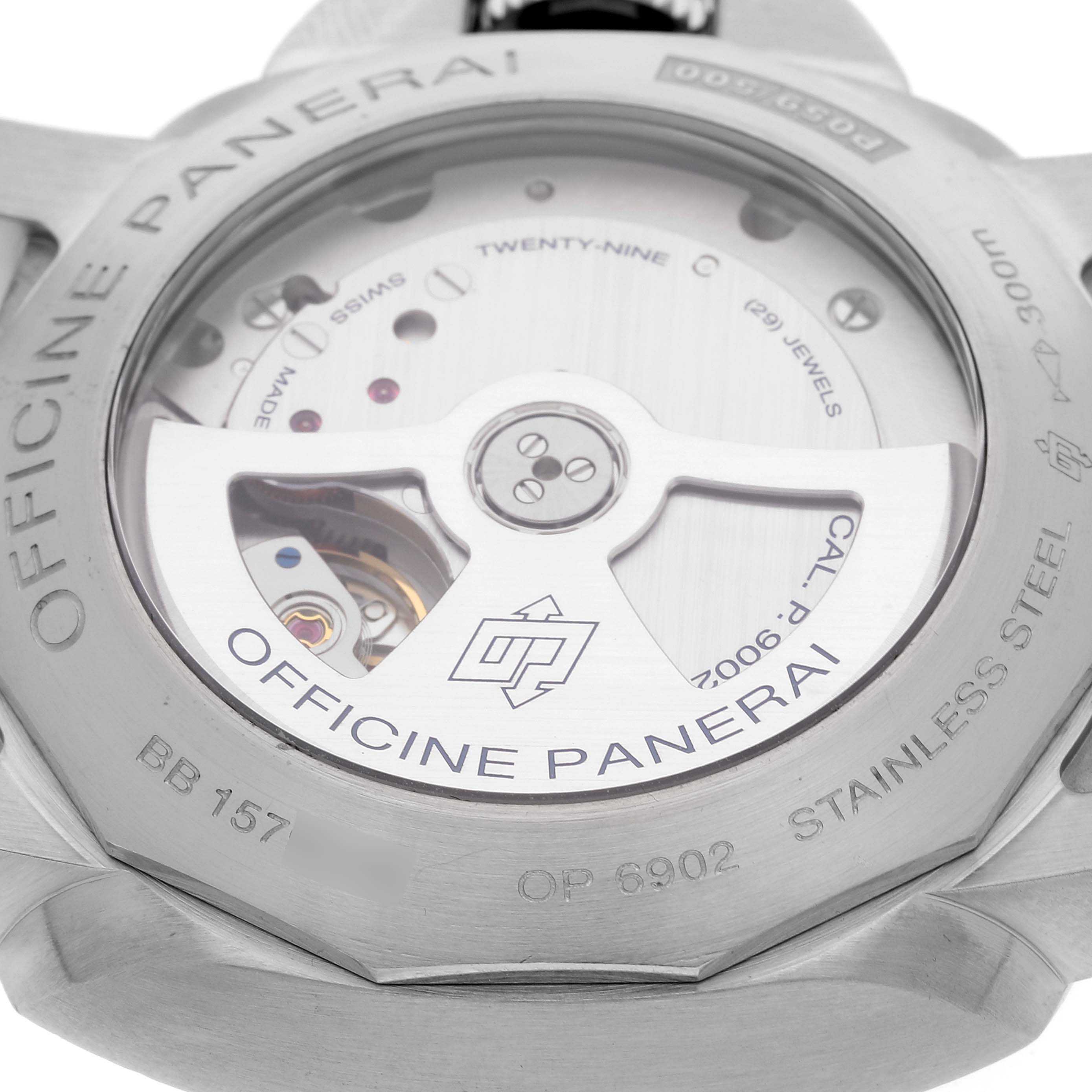 The image shows the back of the Panerai Luminor PAM00321 Men's Stainless Steel Black Dial PAM00321 Men's Stainless Steel Black Dial watch, highlighting its automatic movement and inscriptions on the case.