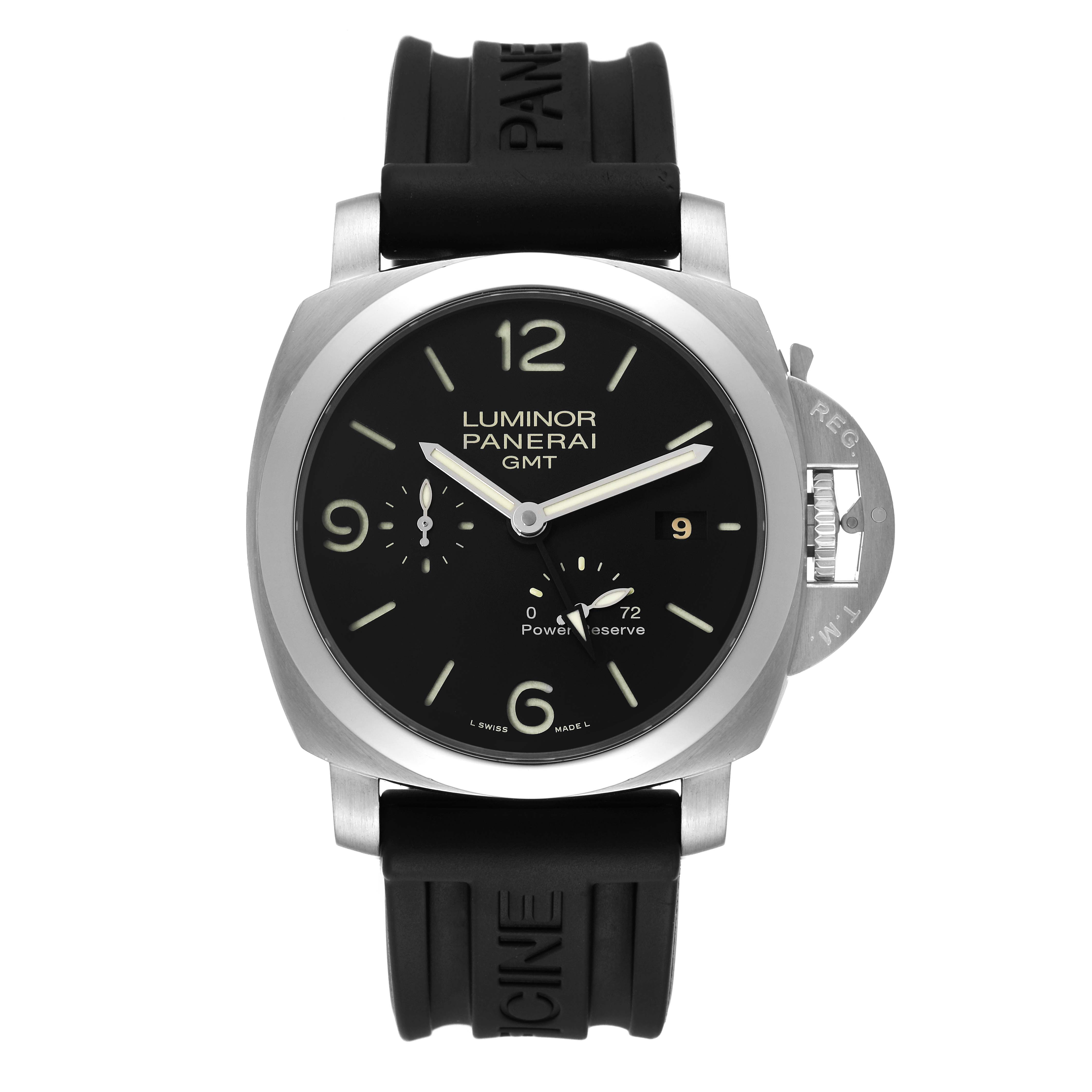 The image shows a front view of a Panerai Luminor PAM00321 Men's Stainless Steel Black Dial PAM00321 Men's Stainless Steel Black Dial GMT watch, including the dial, straps, and crown guard.