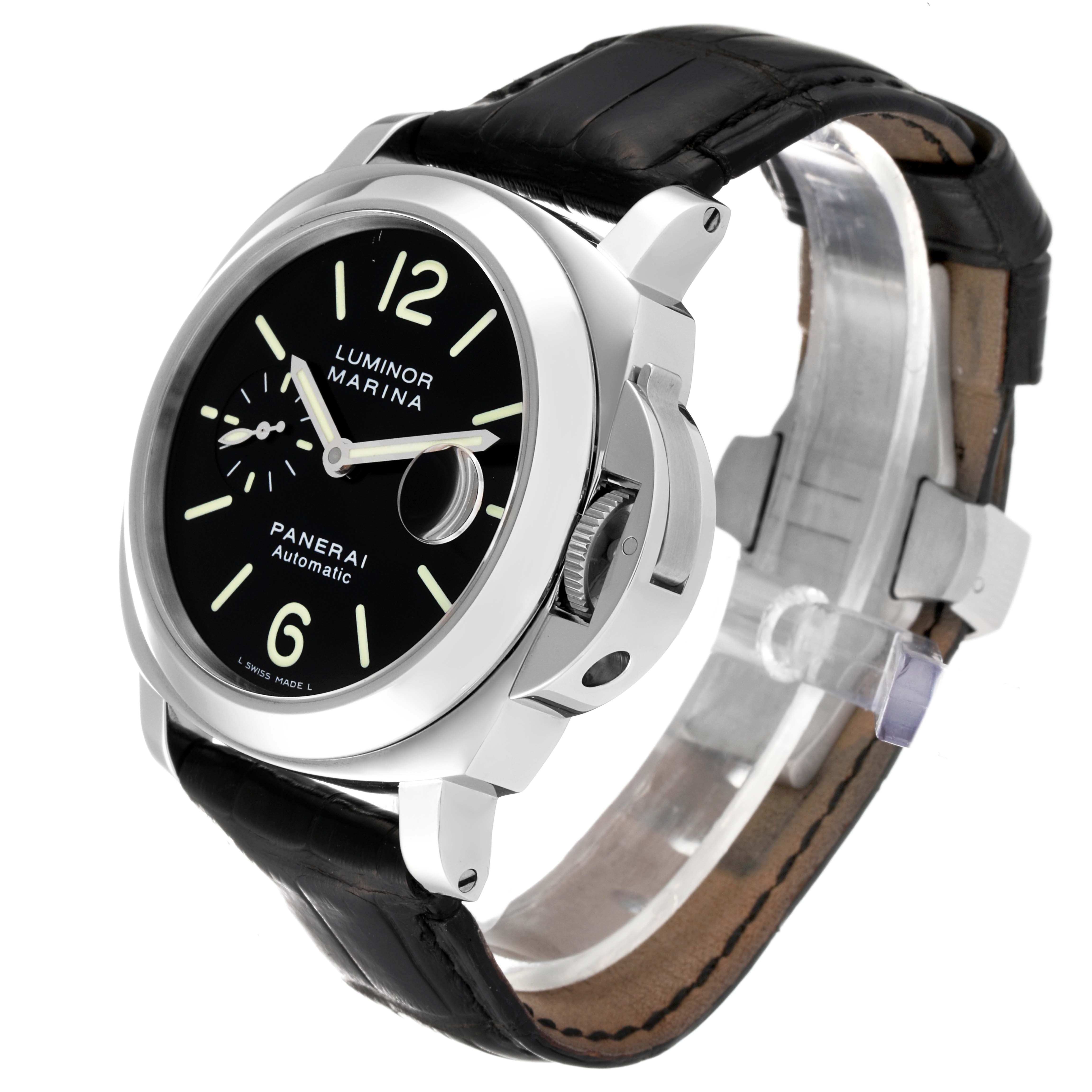 This image shows a Panerai Luminor PAM00104 Men's Stainless Steel Black Dial PAM00104 Men's Stainless Steel Black Dial Marina watch from a three-quarters angle, highlighting the dial, crown guard, and leather strap.