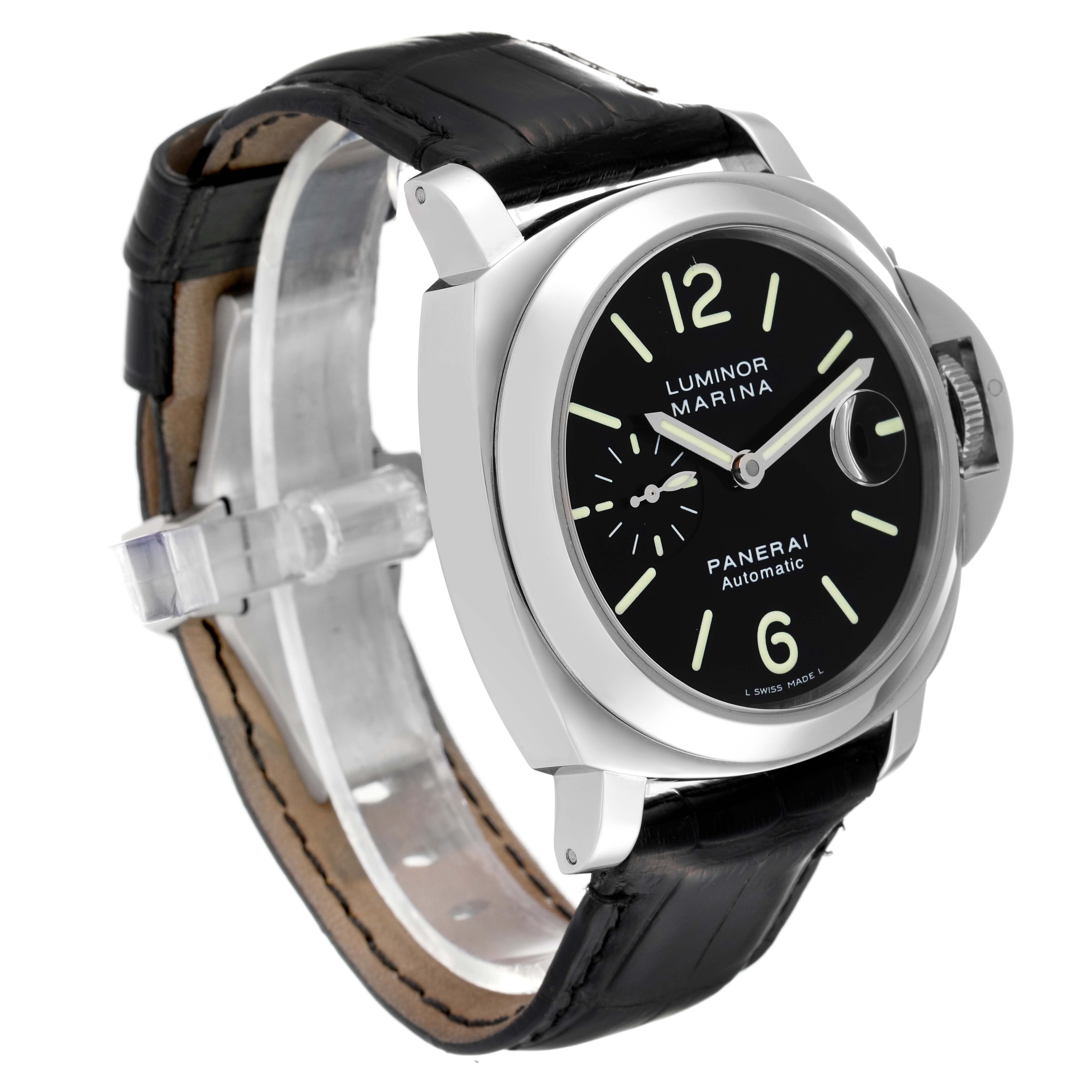 The image shows a Panerai Luminor PAM00104 Men's Stainless Steel Black Dial PAM00104 Men's Stainless Steel Black Dial model watch at a three-quarter angle, highlighting its black dial and leather strap.