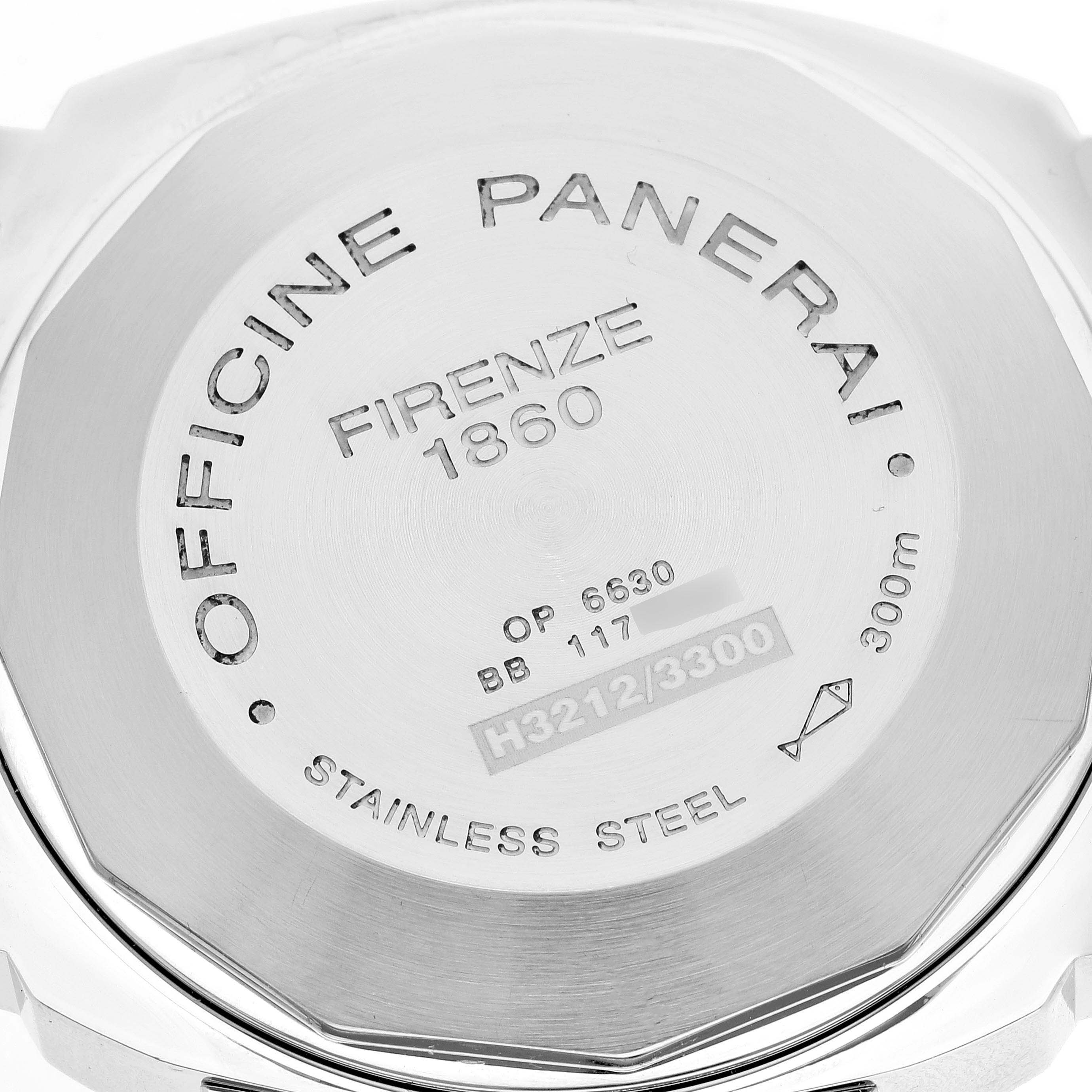 The image shows the back case of a Panerai Luminor PAM00104 Men's Stainless Steel Black Dial PAM00104 Men's Stainless Steel Black Dial watch with engravings displaying brand details and specifications.