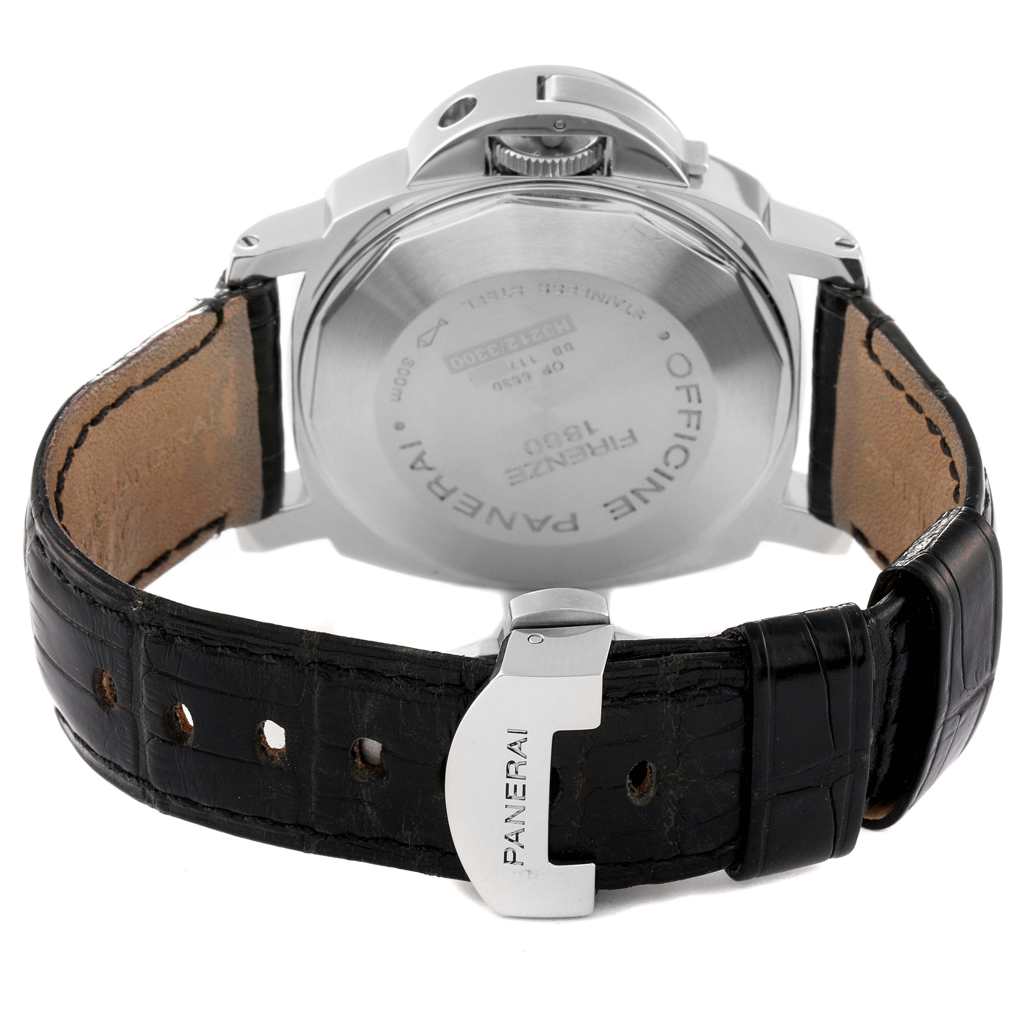 The image shows the backside and leather strap of a Panerai Luminor PAM00104 Men's Stainless Steel Black Dial PAM00104 Men's Stainless Steel Black Dial watch, highlighting the case back and clasp.