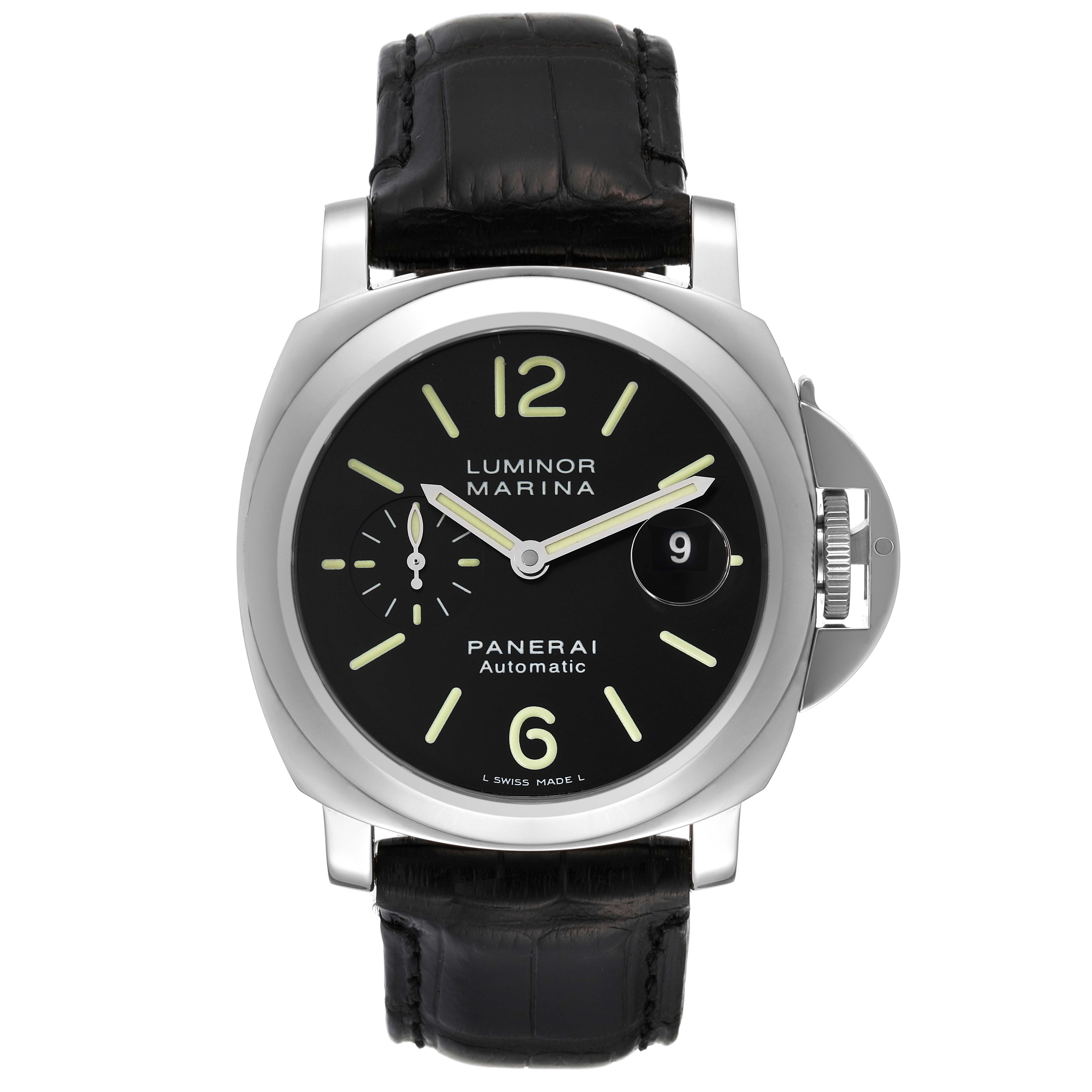 The image shows a front view of a Panerai Luminor PAM00104 Men's Stainless Steel Black Dial PAM00104 Men's Stainless Steel Black Dial watch, highlighting the dial, case, and leather strap.