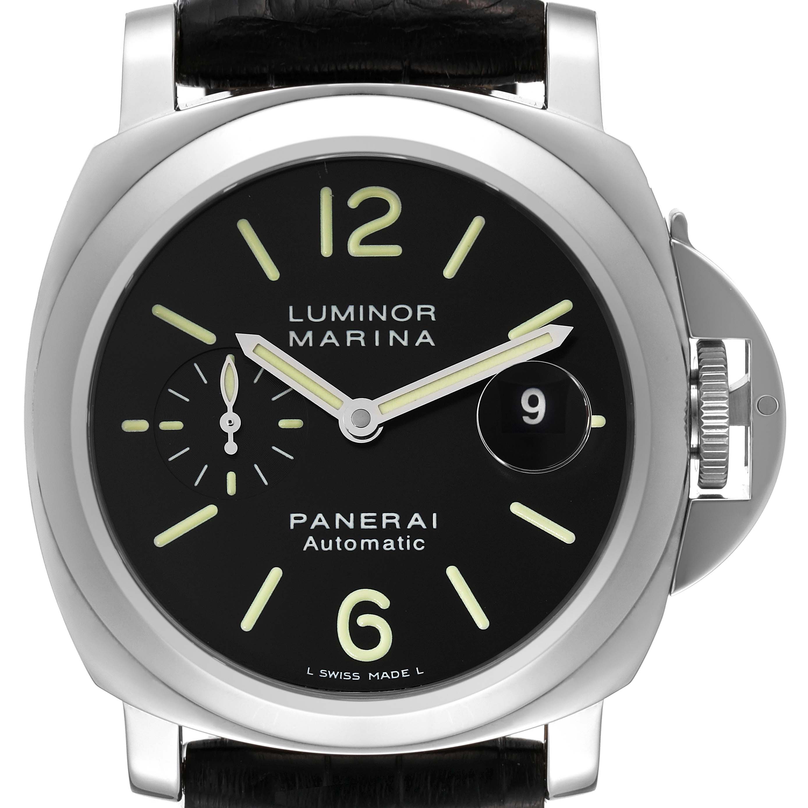 The image shows a front view of a Panerai Luminor PAM00104 Men's Stainless Steel Black Dial PAM00104 Men's Stainless Steel Black Dial Marina watch, highlighting the dial, hands, and crown guard.