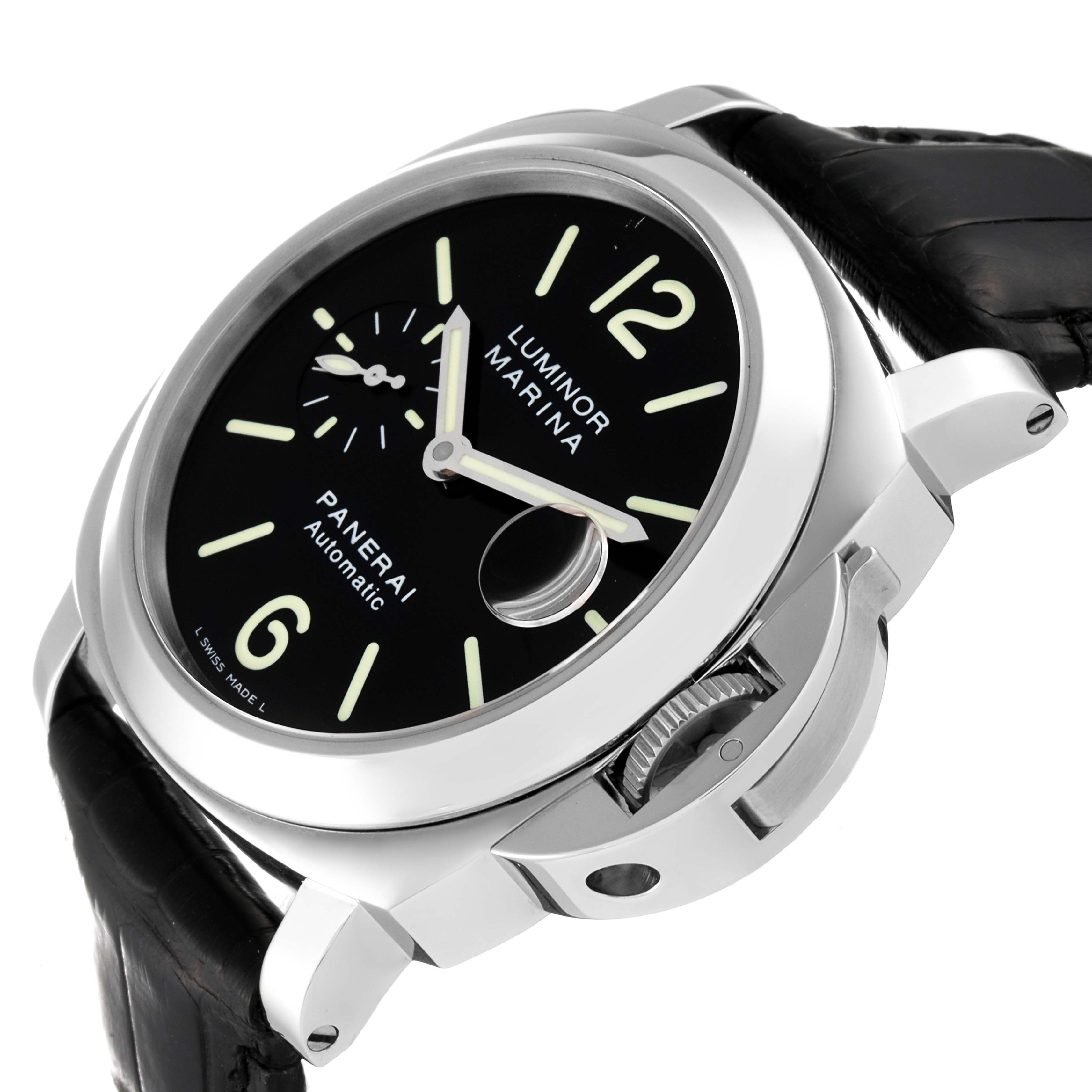 The image shows a side angle view of the Panerai Luminor PAM00104 Men's Stainless Steel Black Dial PAM00104 Men's Stainless Steel Black Dial Marina watch, displaying its black dial, crown guard, and leather strap.
