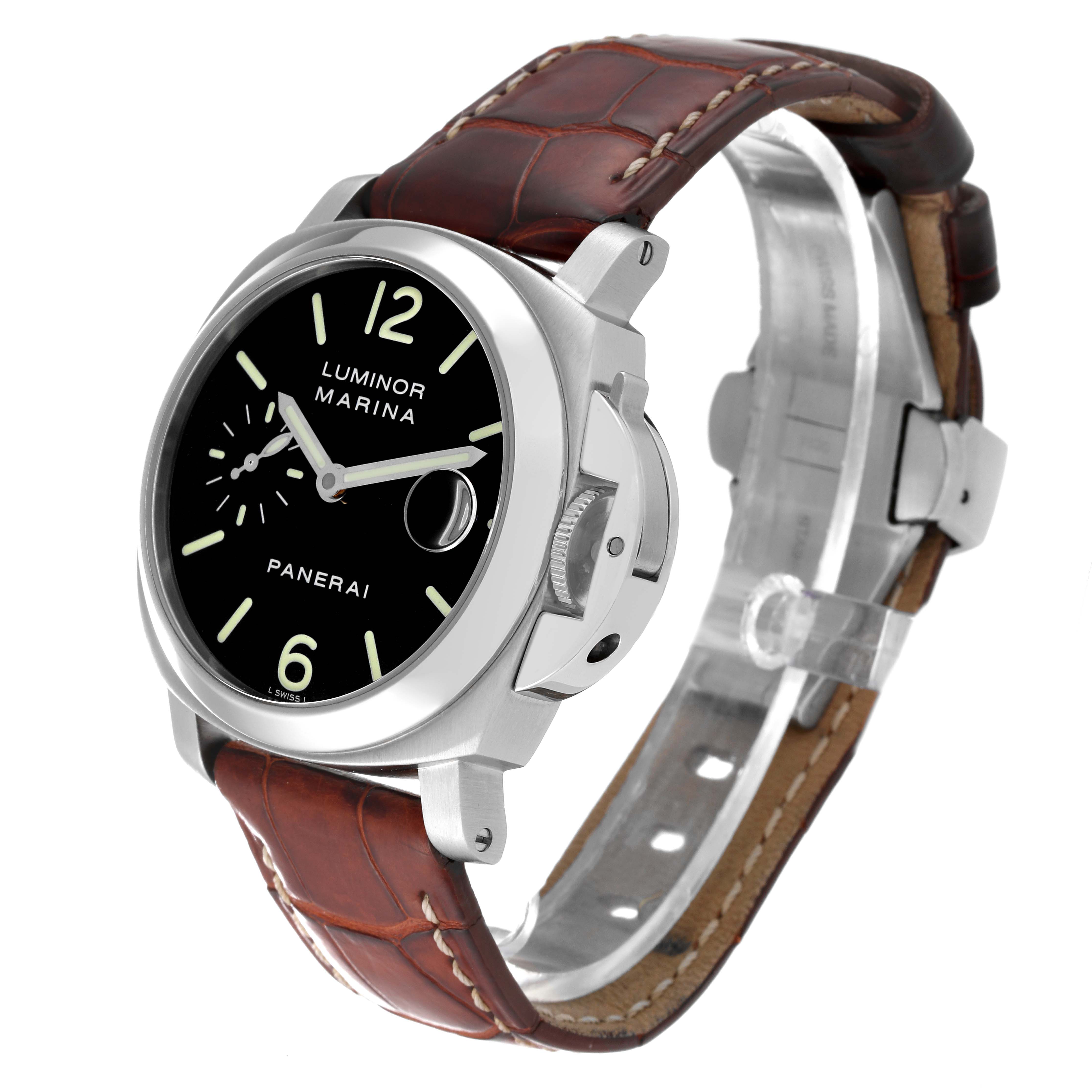 The image shows a Panerai Luminor PAM00048 Men's Stainless Steel Black Dial PAM00048 Men's Stainless Steel Black Dial Marina model watch at an angled view, highlighting its case, dial, crown guard, and leather strap.