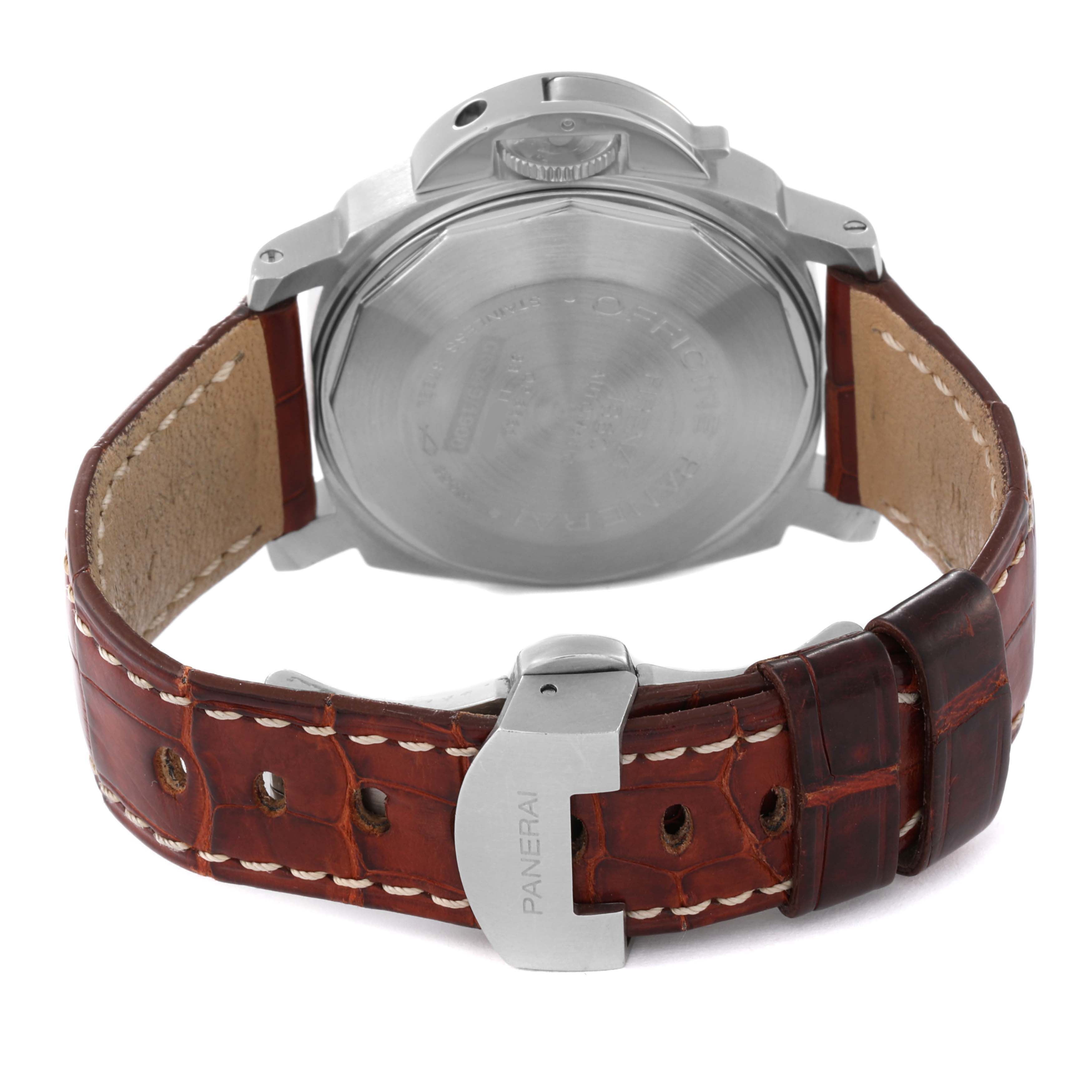 The image shows the back view of a Panerai Luminor PAM00048 Men's Stainless Steel Black Dial PAM00048 Men's Stainless Steel Black Dial watch, displaying its case back, crown guard, and leather strap with "Panerai" engraved.