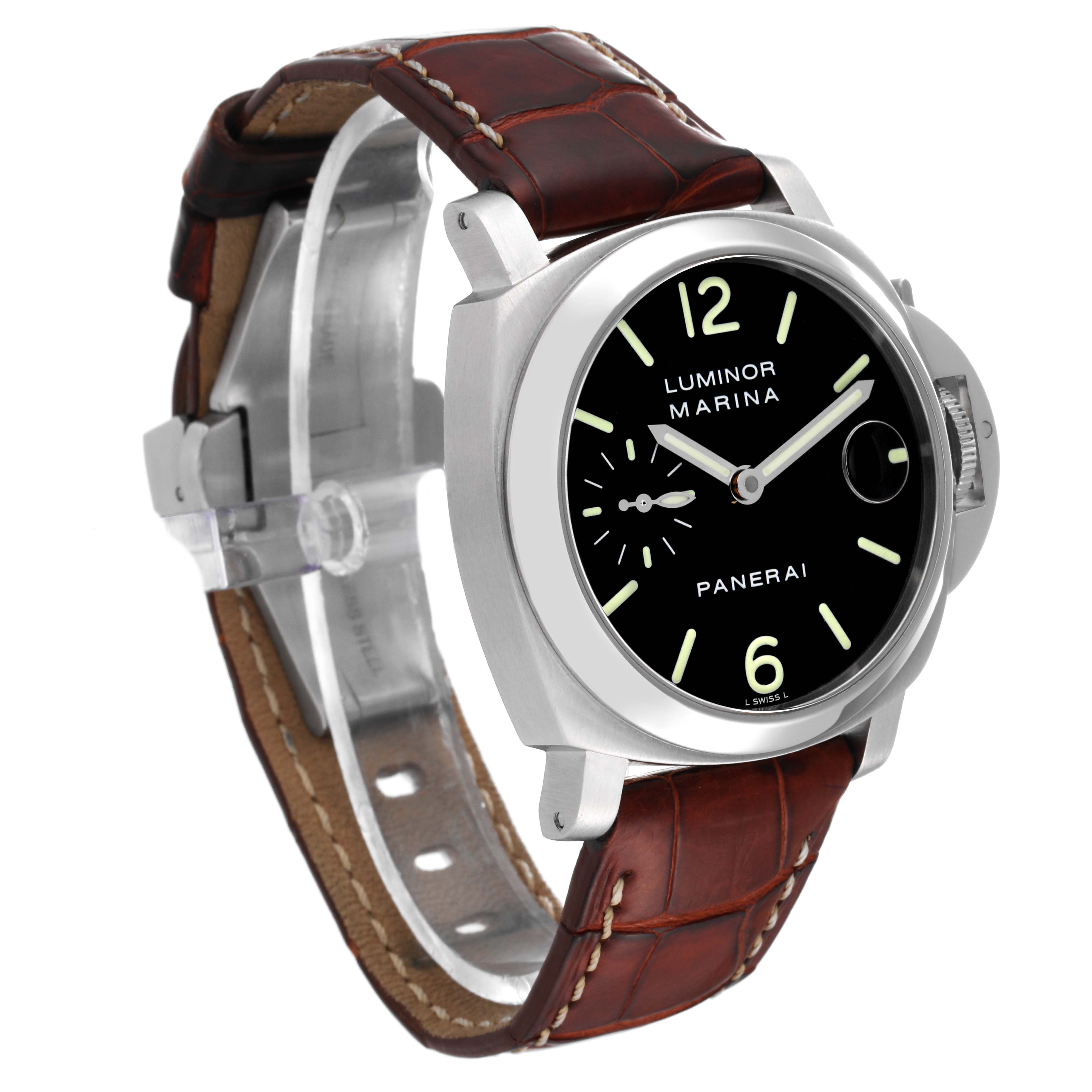 The image shows a Panerai Luminor PAM00048 Men's Stainless Steel Black Dial PAM00048 Men's Stainless Steel Black Dial Marina watch at a 3/4 angle, highlighting its face, bezel, and brown leather strap.