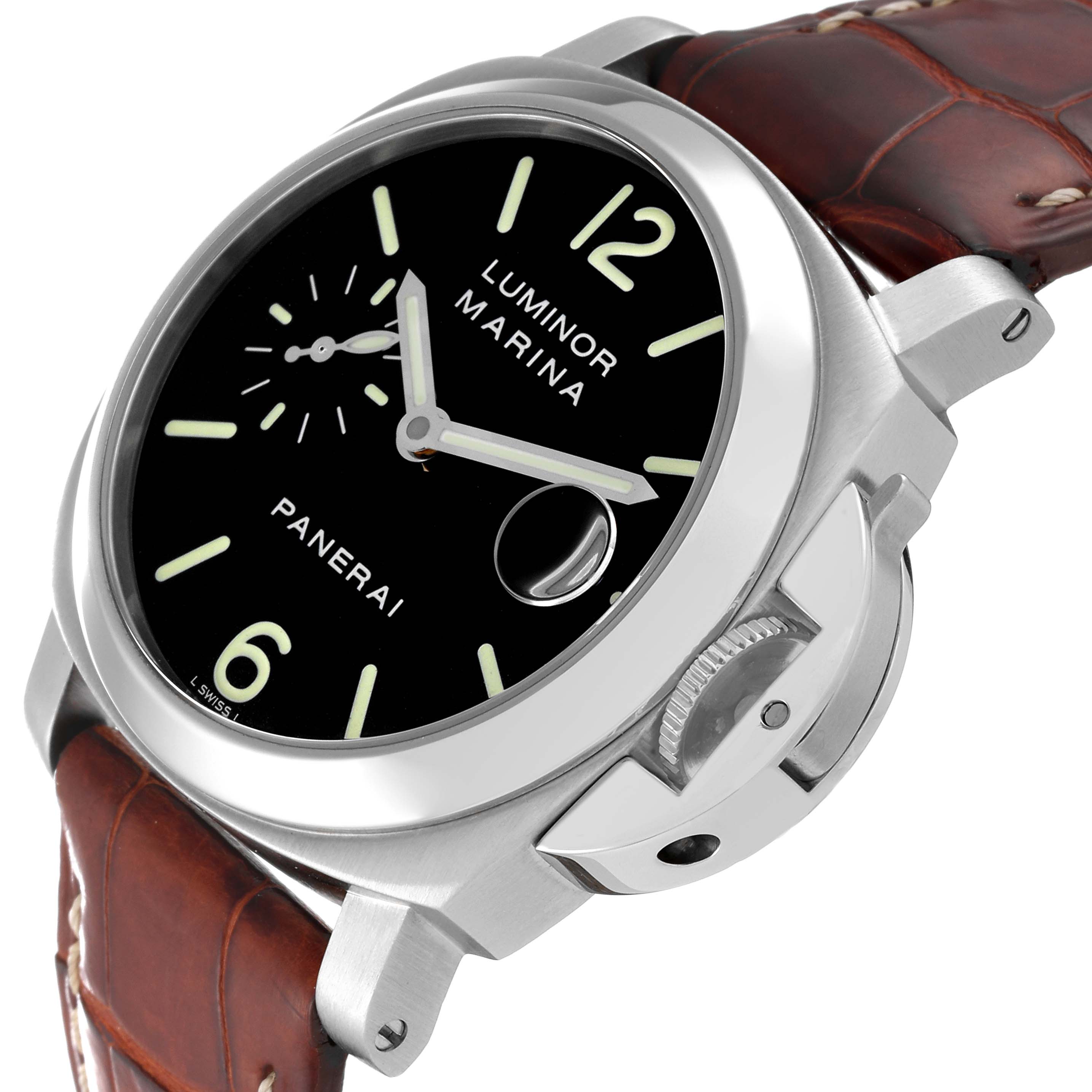 The Panerai Luminor PAM00048 Men's Stainless Steel Black Dial PAM00048 Men's Stainless Steel Black Dial Marina watch is shown at a slight angle, highlighting the dial, crown guard, and brown leather strap.