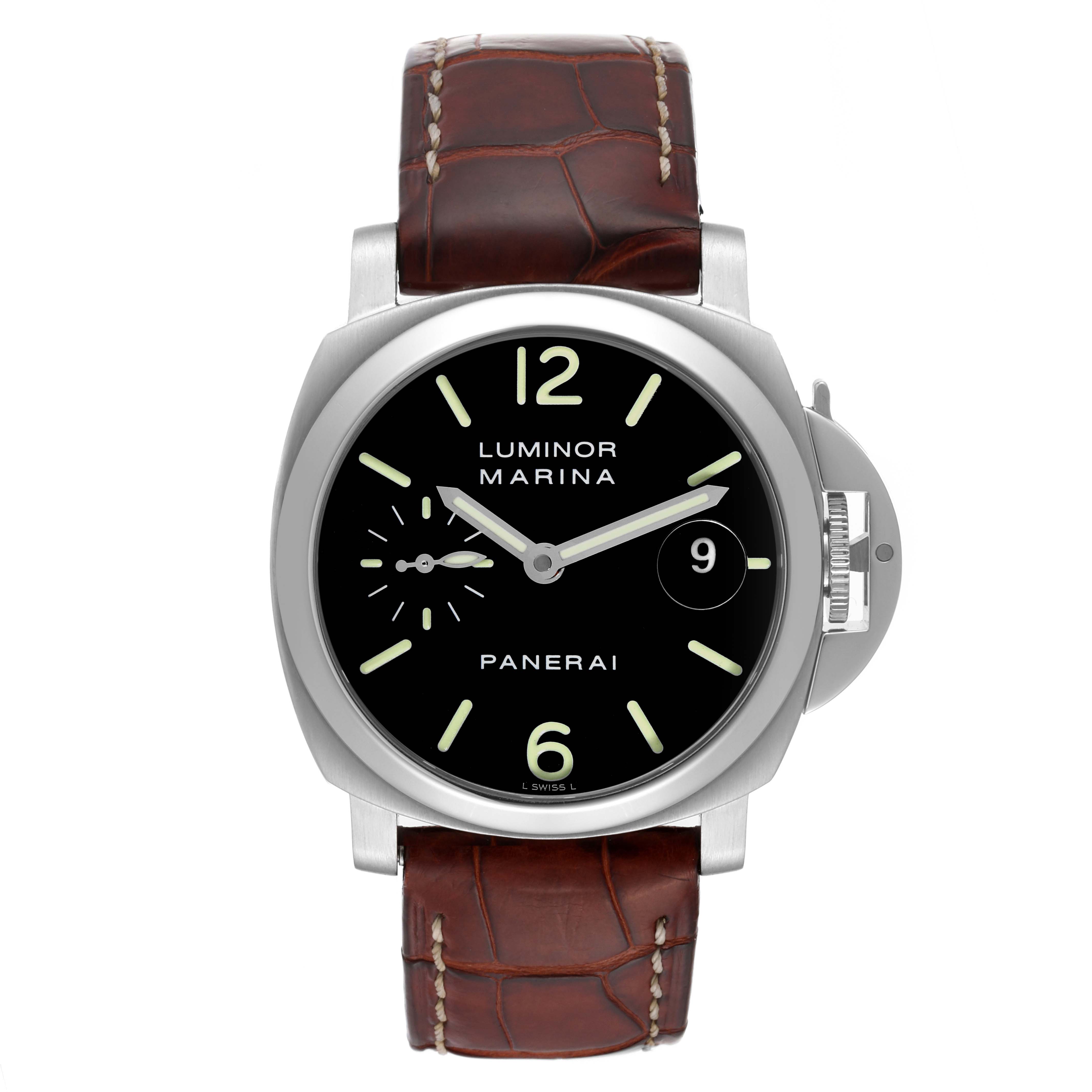 This image shows a front view of a Panerai Luminor PAM00048 Men's Stainless Steel Black Dial PAM00048 Men's Stainless Steel Black Dial watch with a brown leather strap and a black dial.
