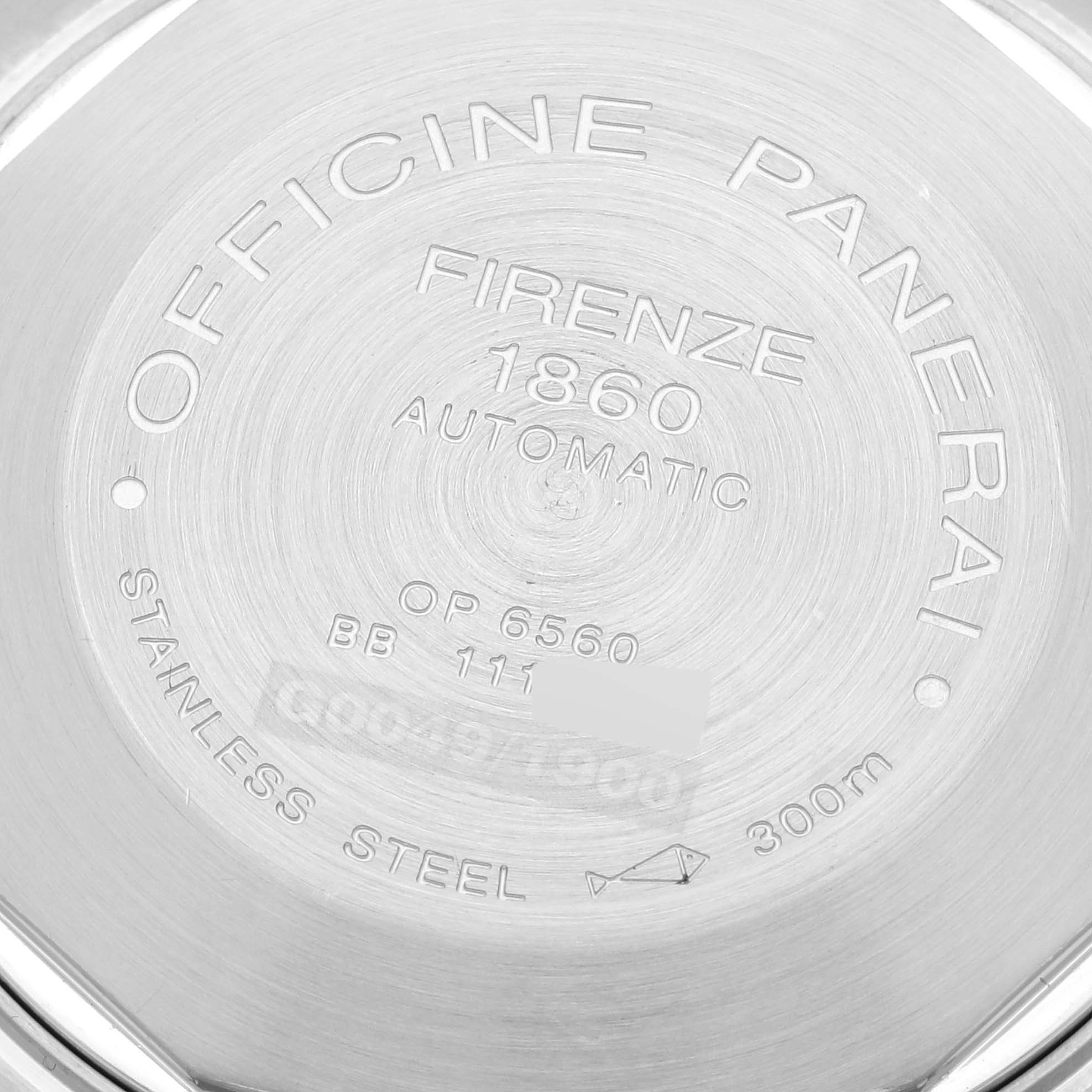 The image shows the case back of a Panerai Luminor PAM00048 Men's Stainless Steel Black Dial PAM00048 Men's Stainless Steel Black Dial watch, displaying engravings and specifications.