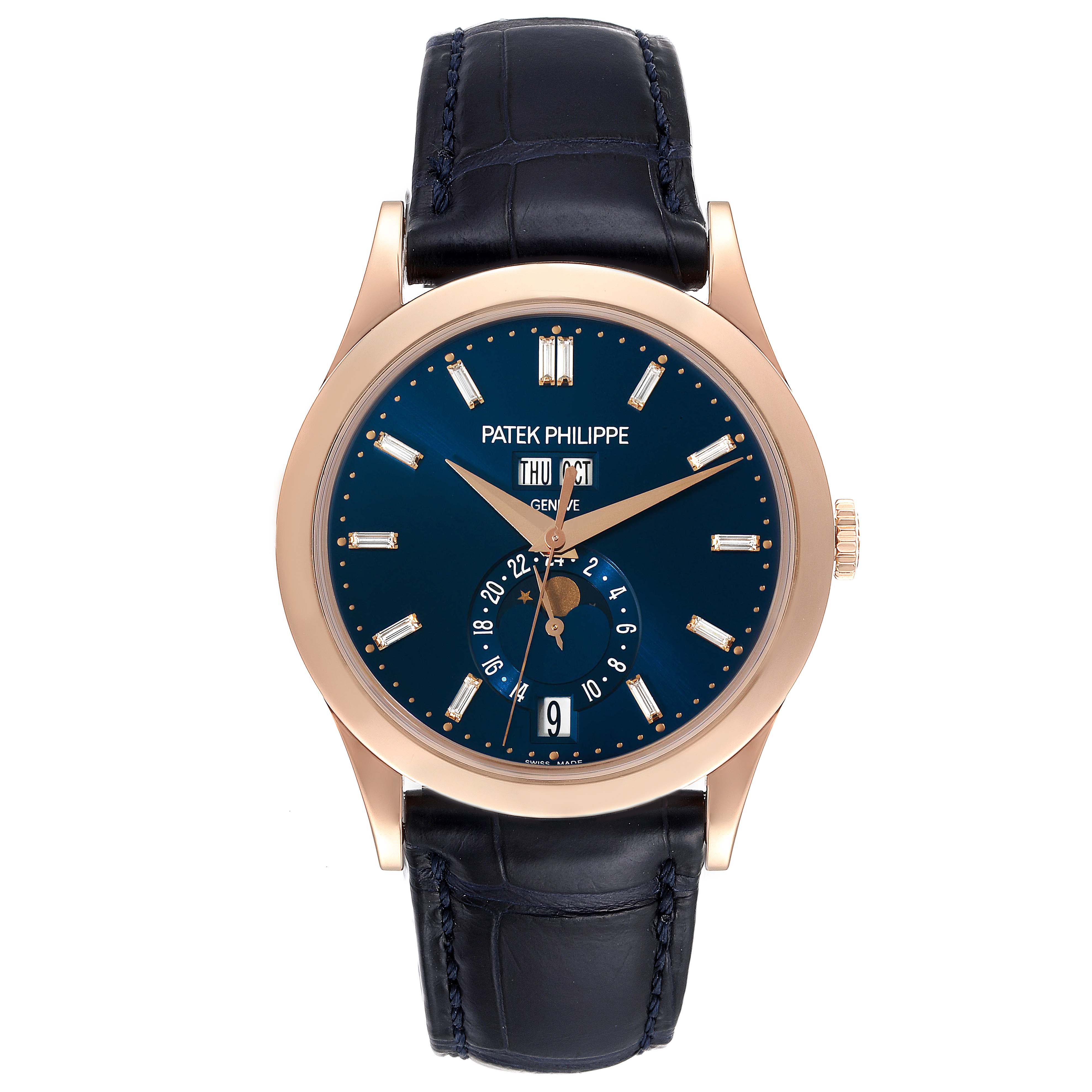 The image shows a Patek Philippe Complications 5396R Men's Rose Gold Blue Dial 5396R Men's Rose Gold Blue Dial model watch with a blue dial, gold case, and black leather strap, viewed from the front.