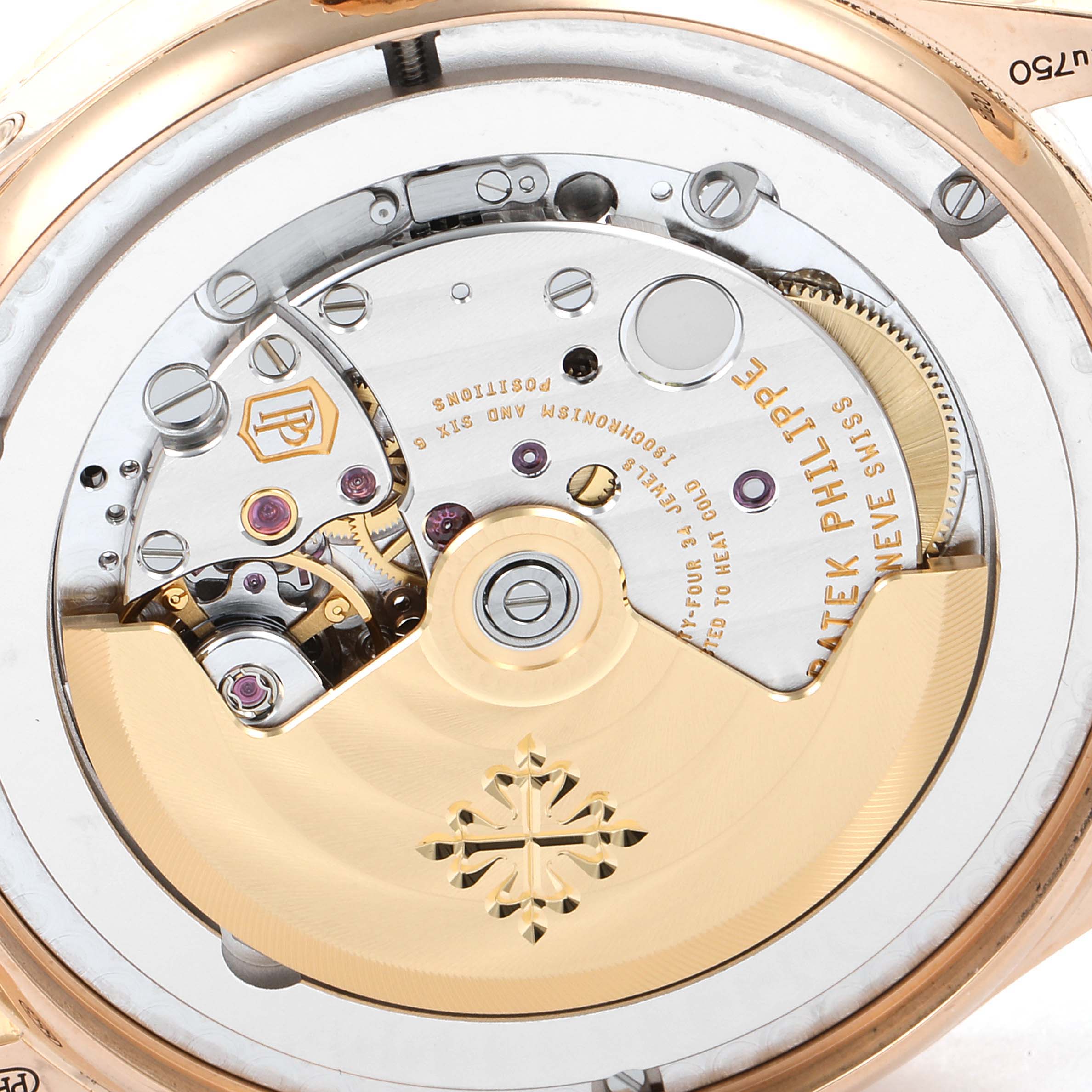 The image shows the intricate back view of the movement of a Patek Philippe Complications 5396R Men's Rose Gold Blue Dial 5396R Men's Rose Gold Blue Dial watch.